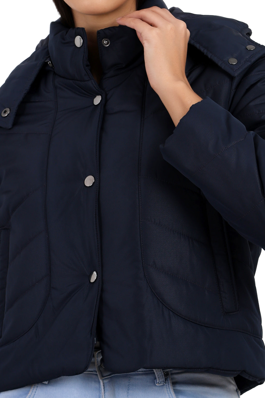 Women's Full Sleeve Quilted Crop Length Jacket With Removable Hood