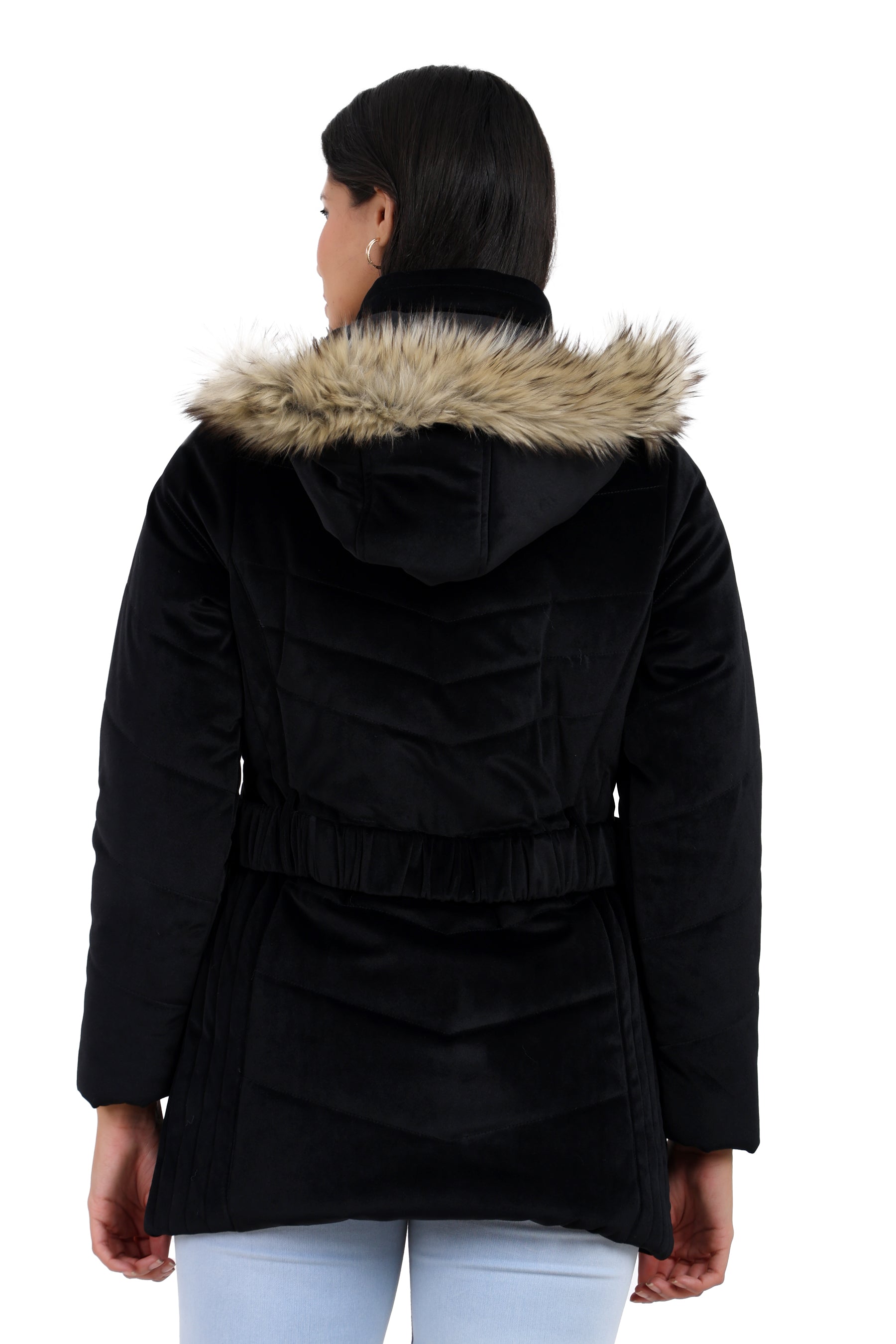 Women's Quilted Long Parka Jacket in Velvet Fabric