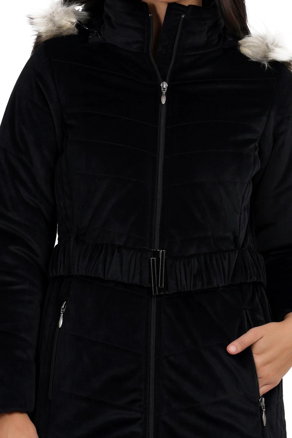 Women's Quilted Long Parka Jacket in Velvet Fabric