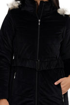 Women's Quilted Long Parka Jacket in Velvet Fabric