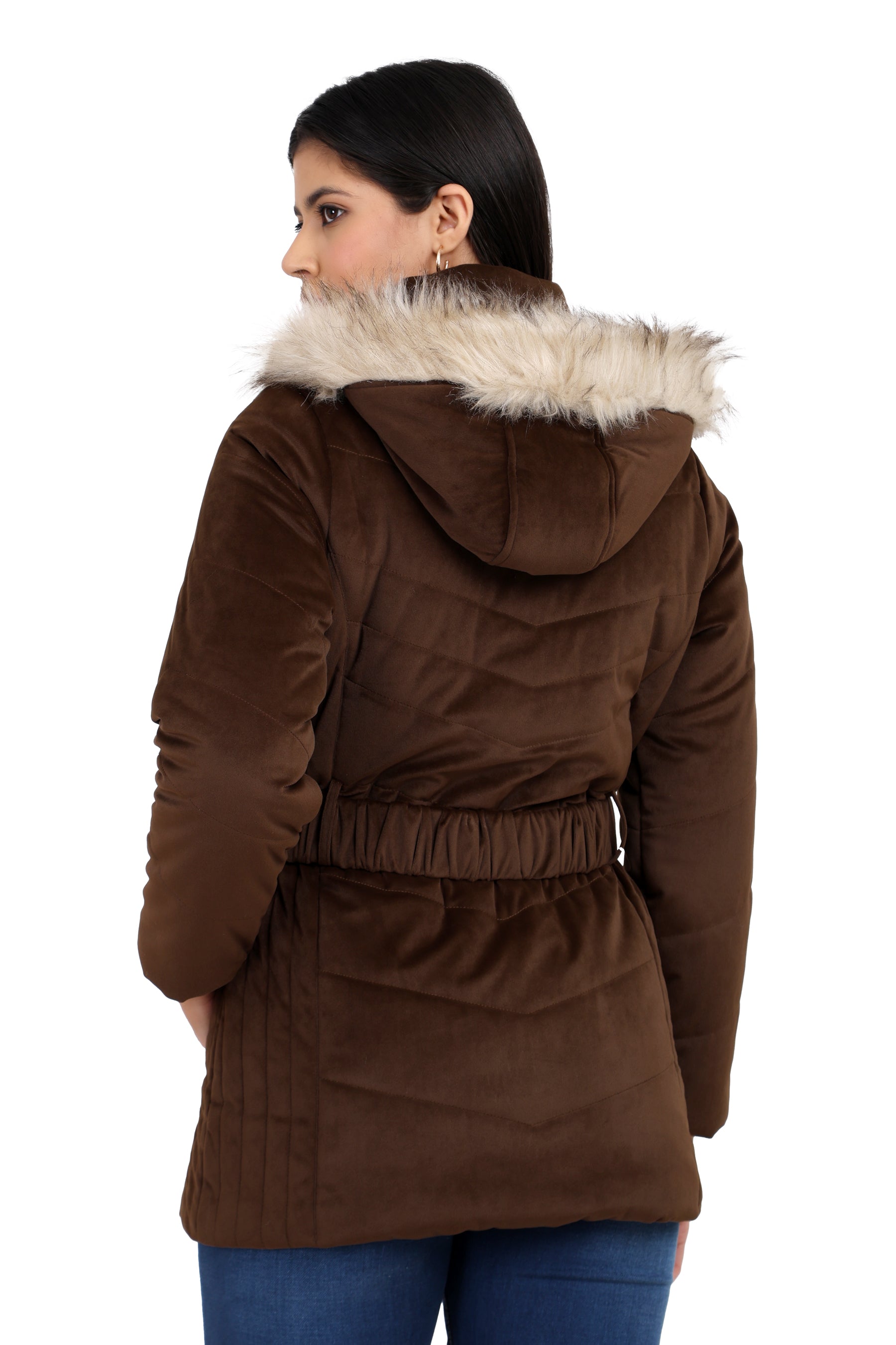 Women's Quilted Long Parka Jacket in Velvet Fabric
