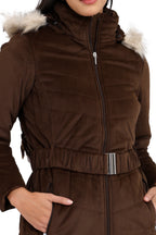 Women's Quilted Long Parka Jacket in Velvet Fabric