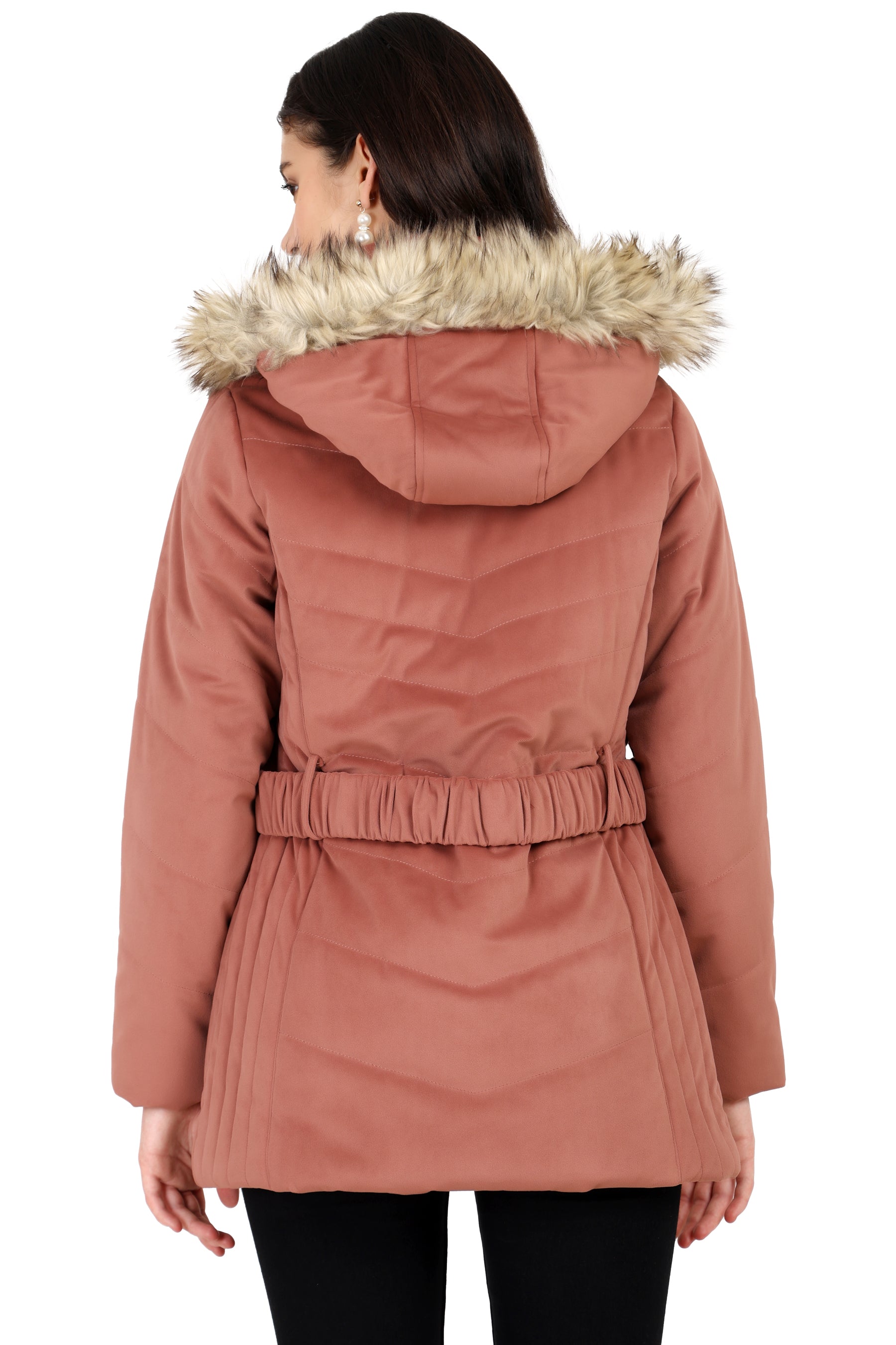 Women's Quilted Long Parka Jacket in Velvet Fabric