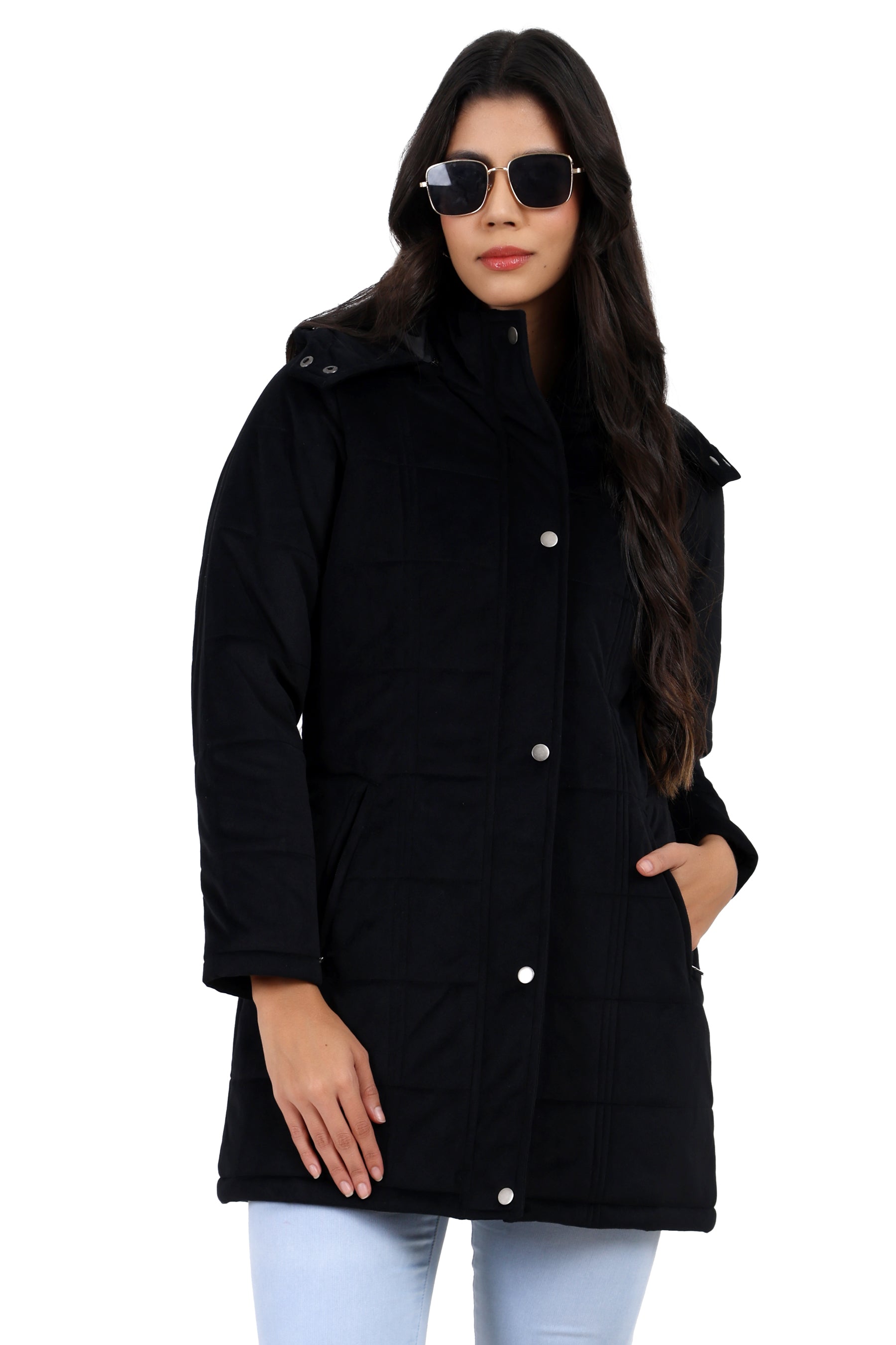 Women's Quilted Long Calf Length Jacket in Velvet Fabric