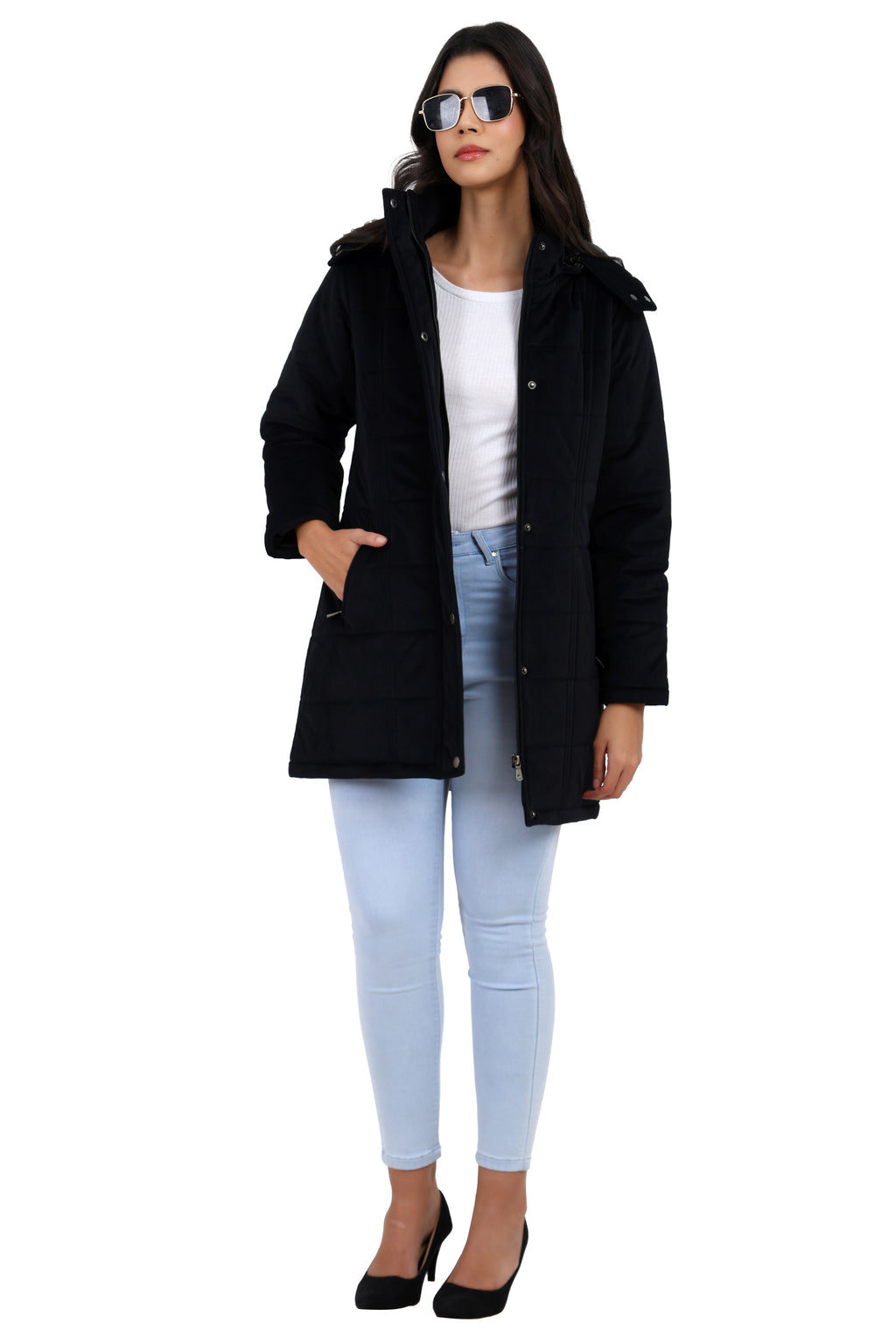 Women's Quilted Long Calf Length Jacket in Velvet Fabric