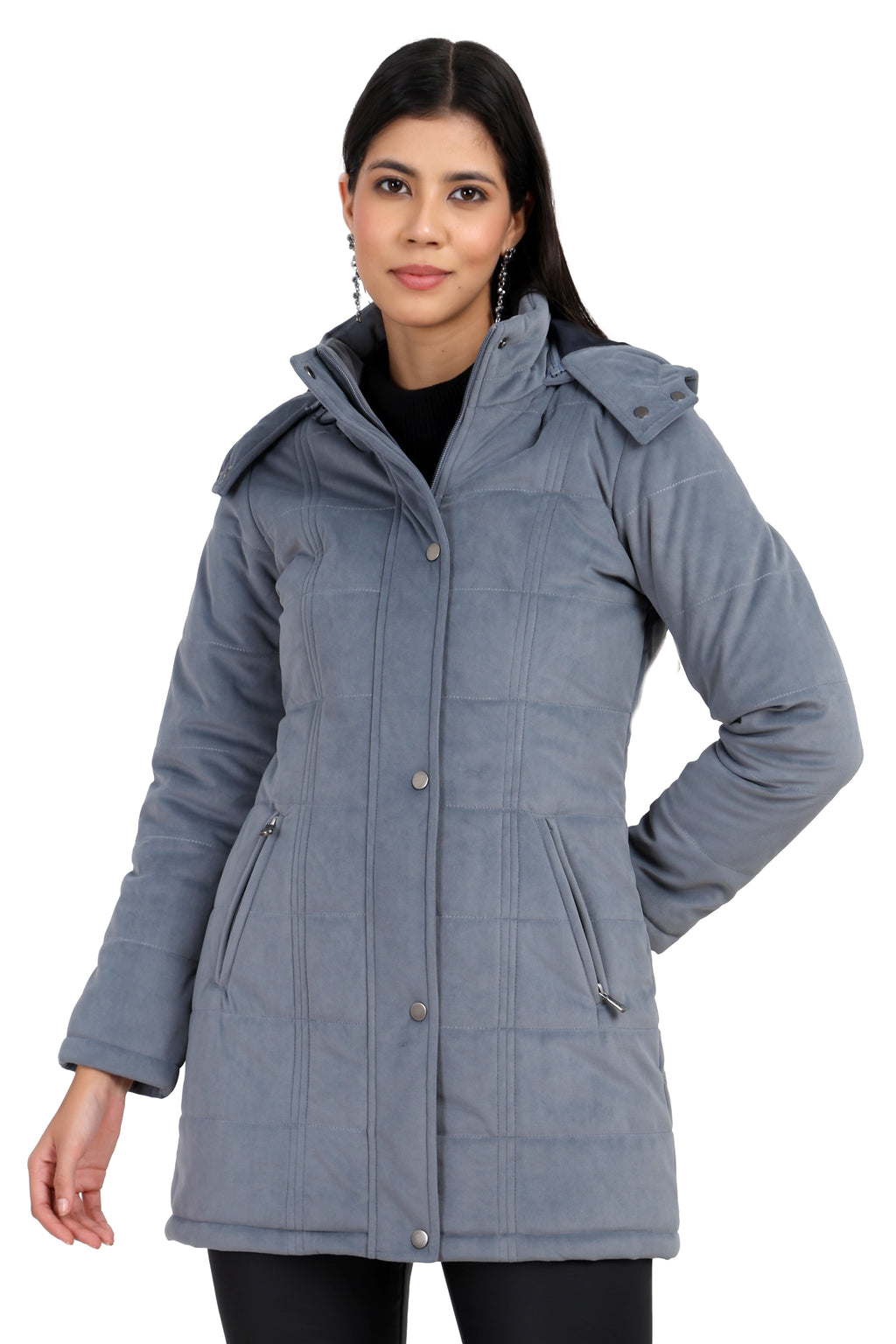 Women's Quilted Long Calf Length Jacket in Velvet Fabric