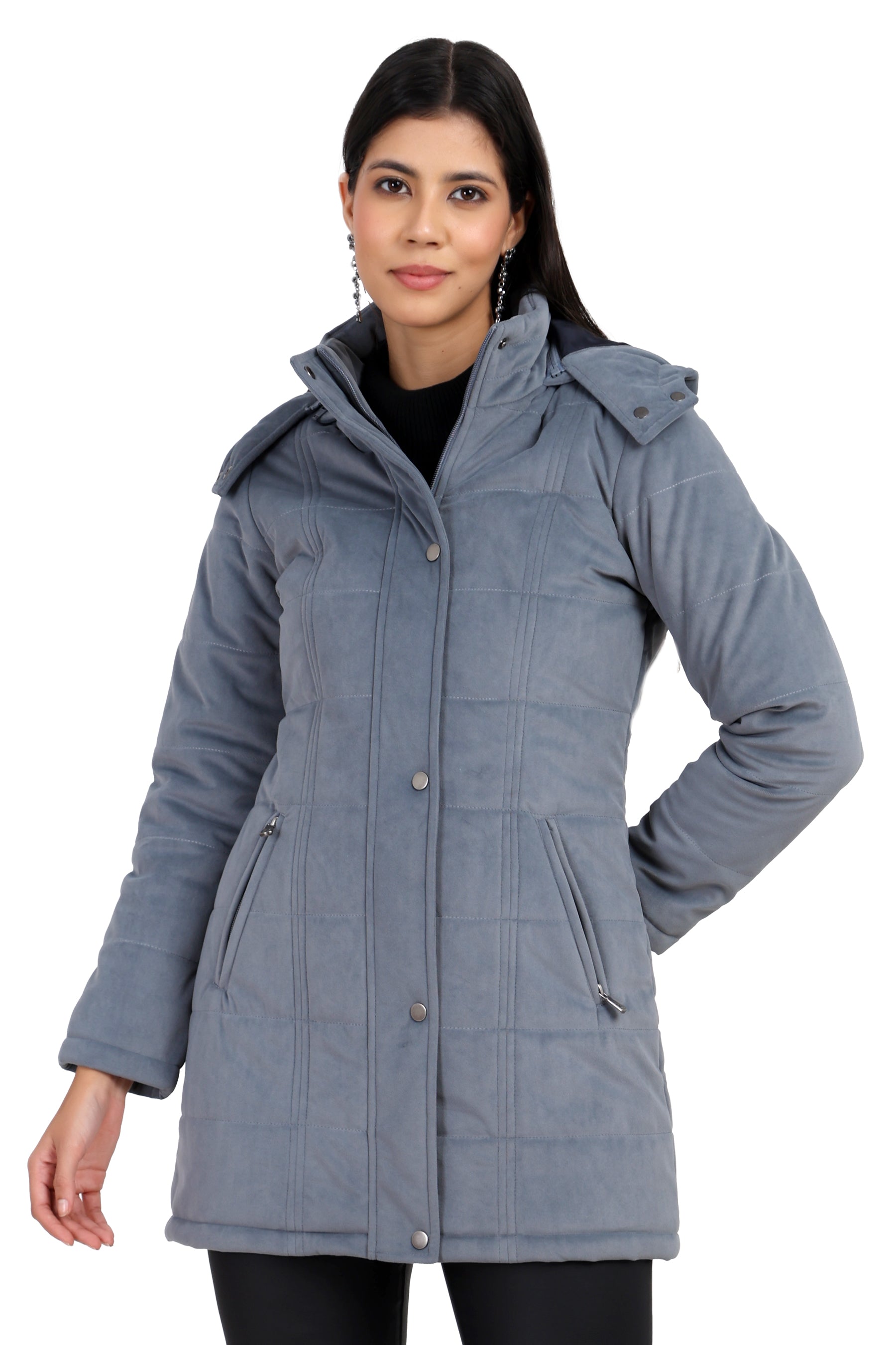 Women's Quilted Long Calf Length Jacket in Velvet Fabric