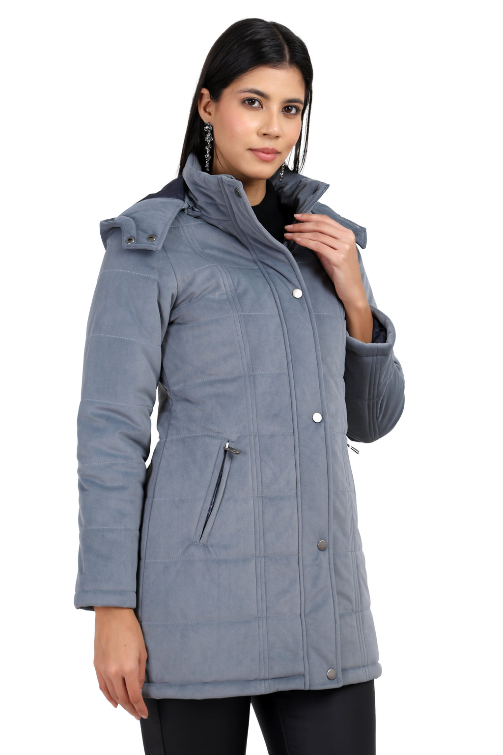 Women's Quilted Long Calf Length Jacket in Velvet Fabric