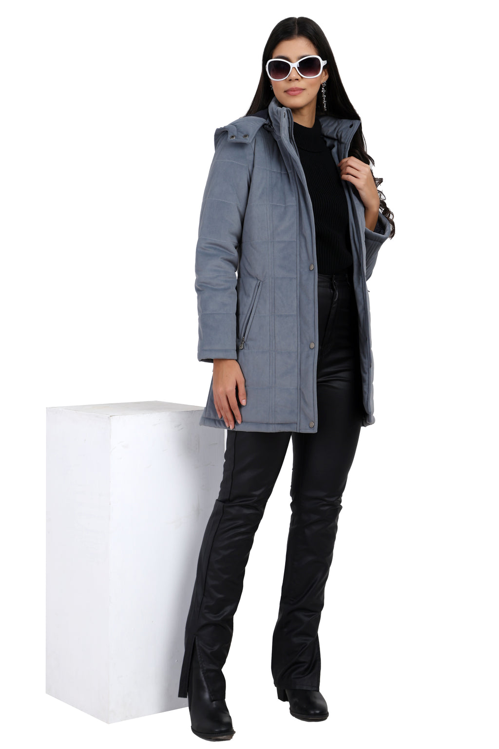 Women's Quilted Long Calf Length Jacket in Velvet Fabric