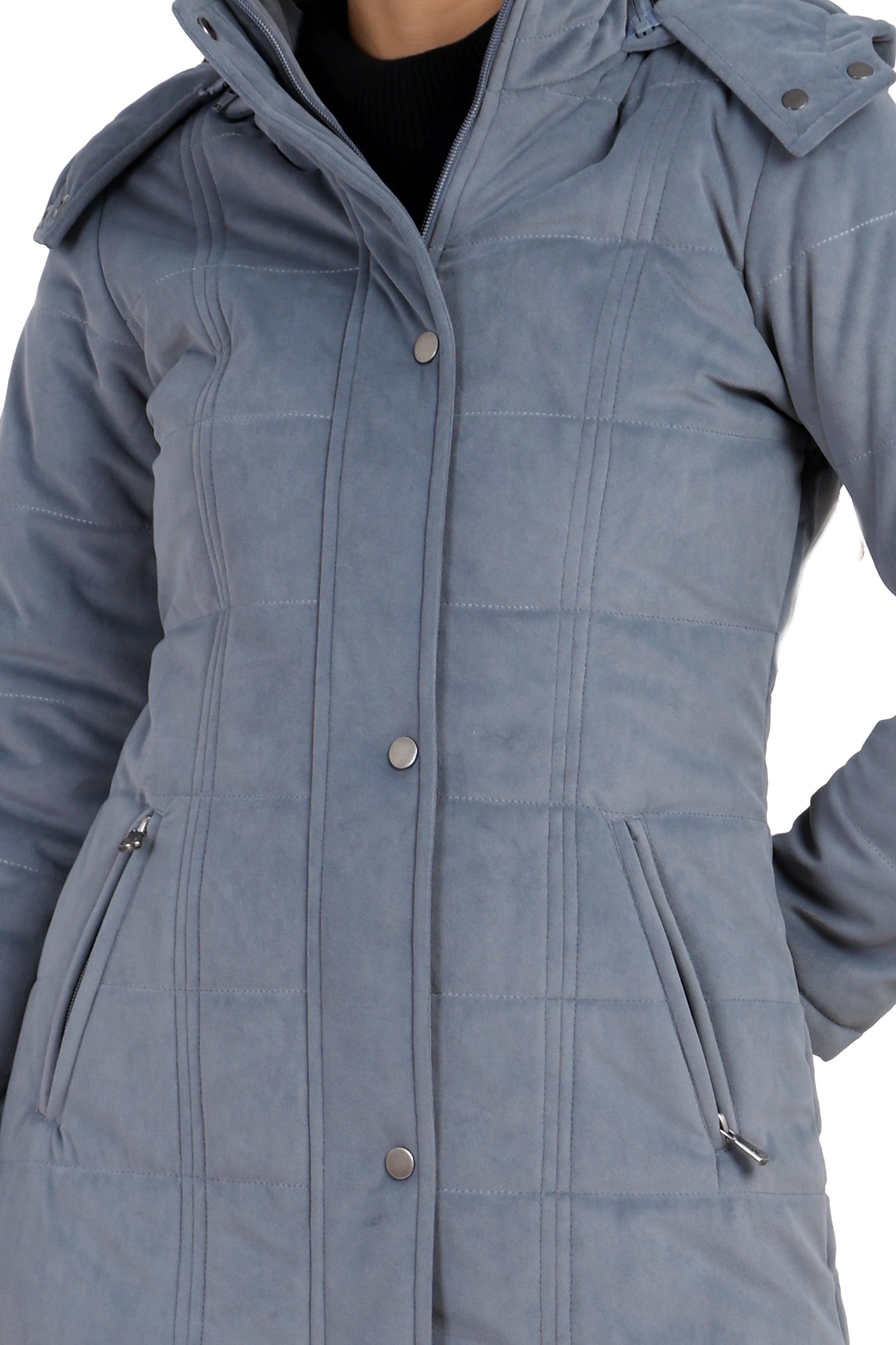 Women's Quilted Long Calf Length Jacket in Velvet Fabric