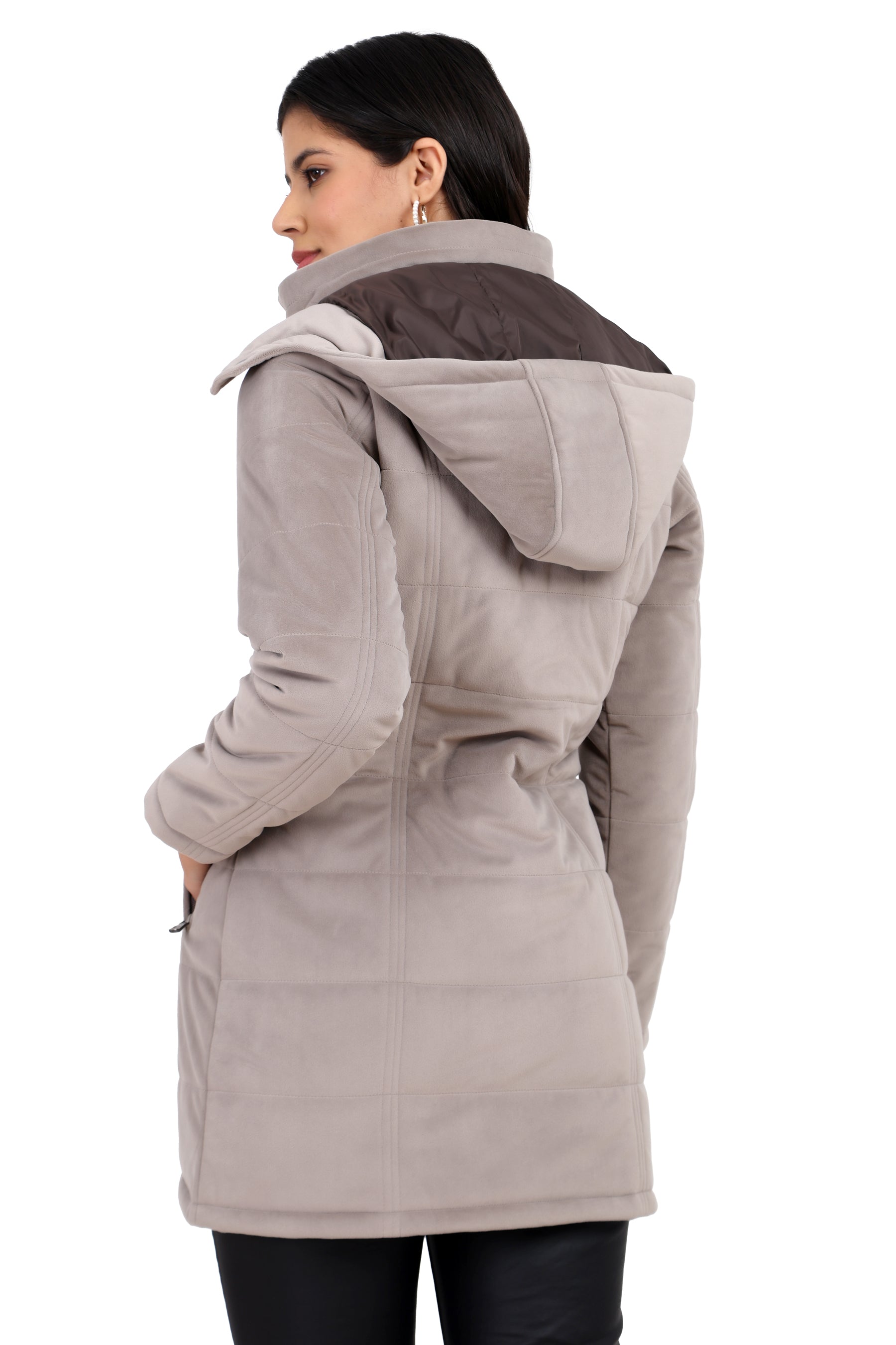 Women's Quilted Long Calf Length Jacket in Velvet Fabric