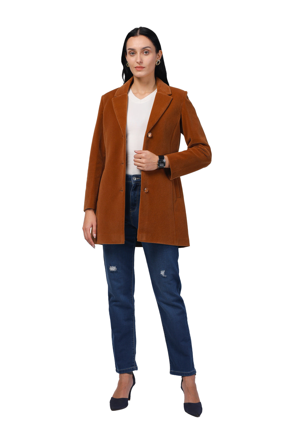 Women's Semi Long Coat in Velvet Fabric