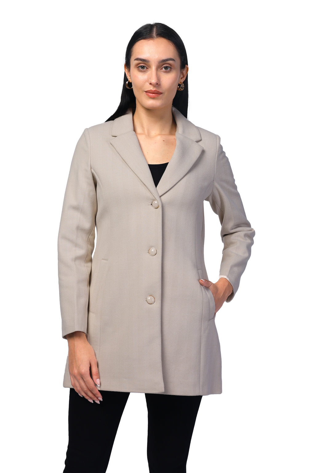 Women's Semi Long Coat in Knitted Herringbone Tweed Fabric
