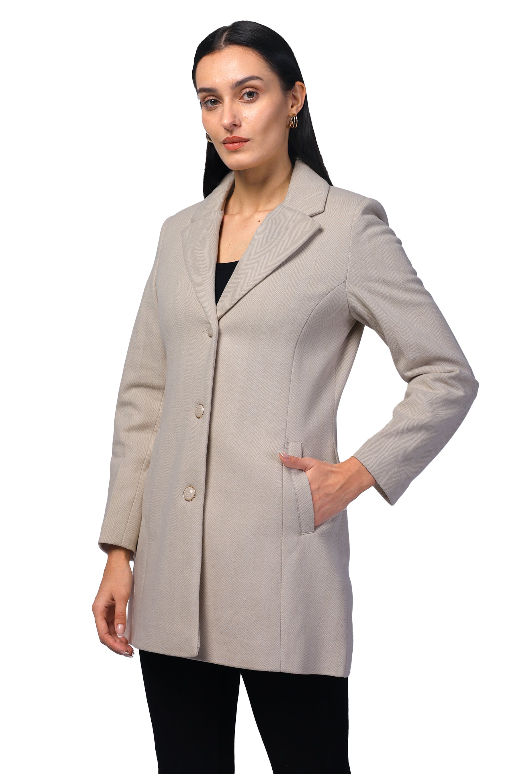 Women's Semi Long Coat in Knitted Herringbone Tweed Fabric