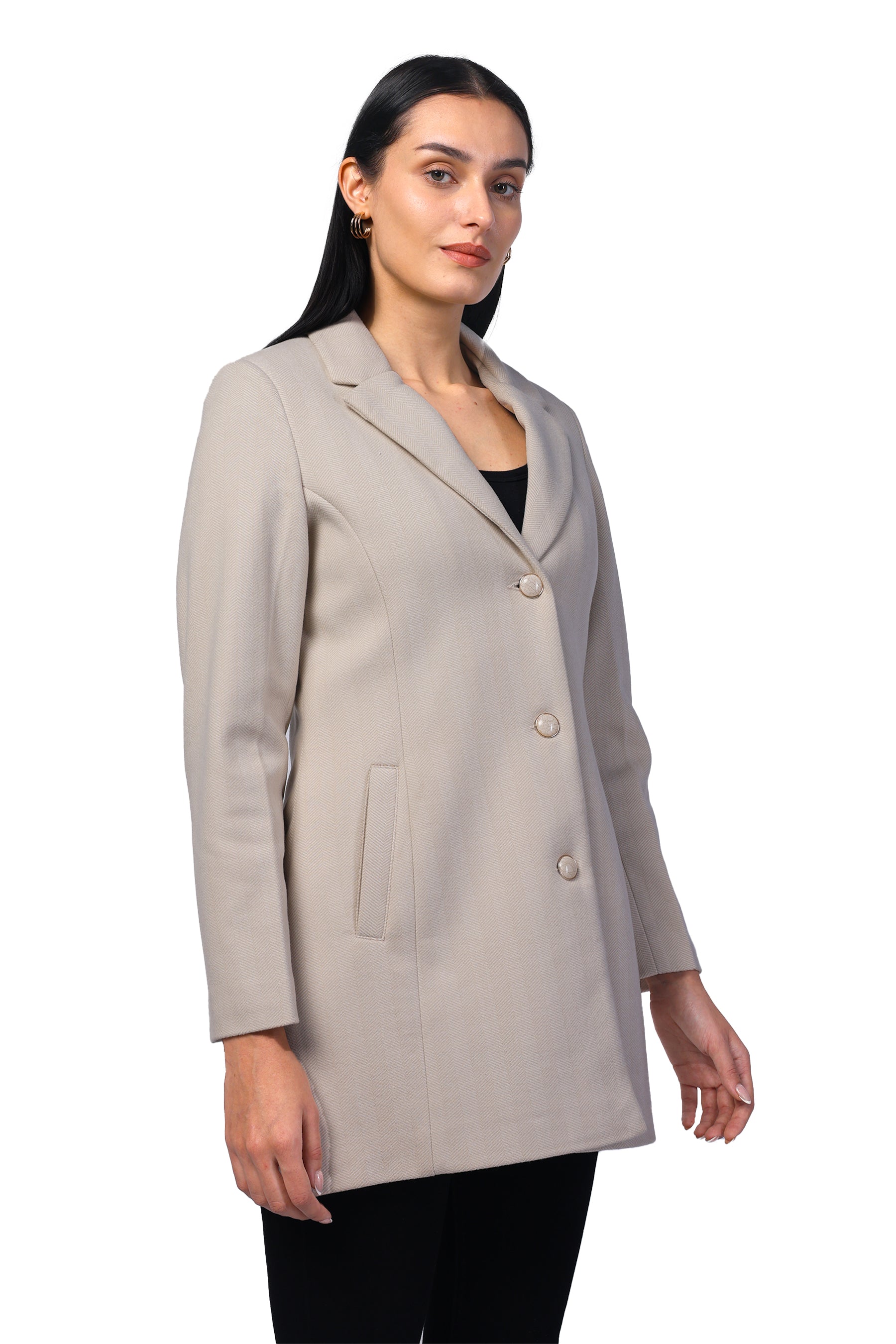 Women's Semi Long Coat in Knitted Herringbone Tweed Fabric