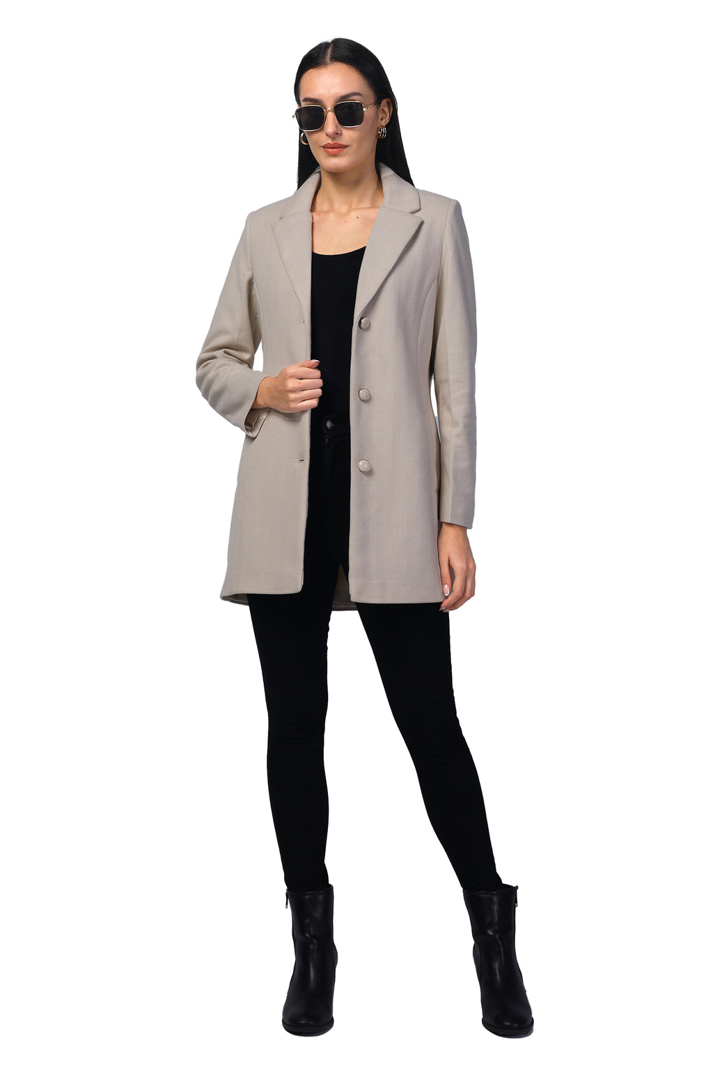 Women's Semi Long Coat in Knitted Herringbone Tweed Fabric