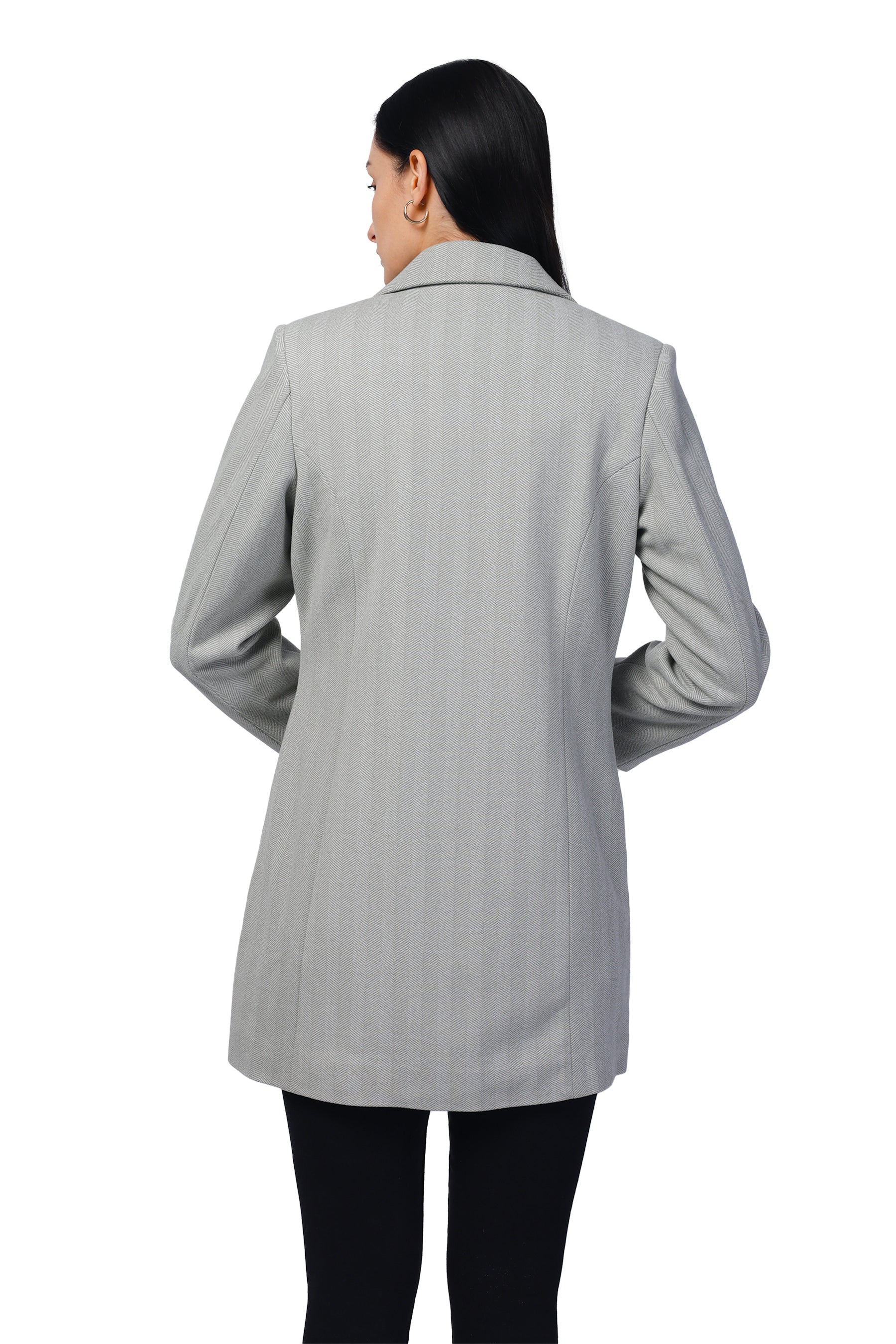 Women's Semi Long Coat in Knitted Herringbone Tweed Fabric