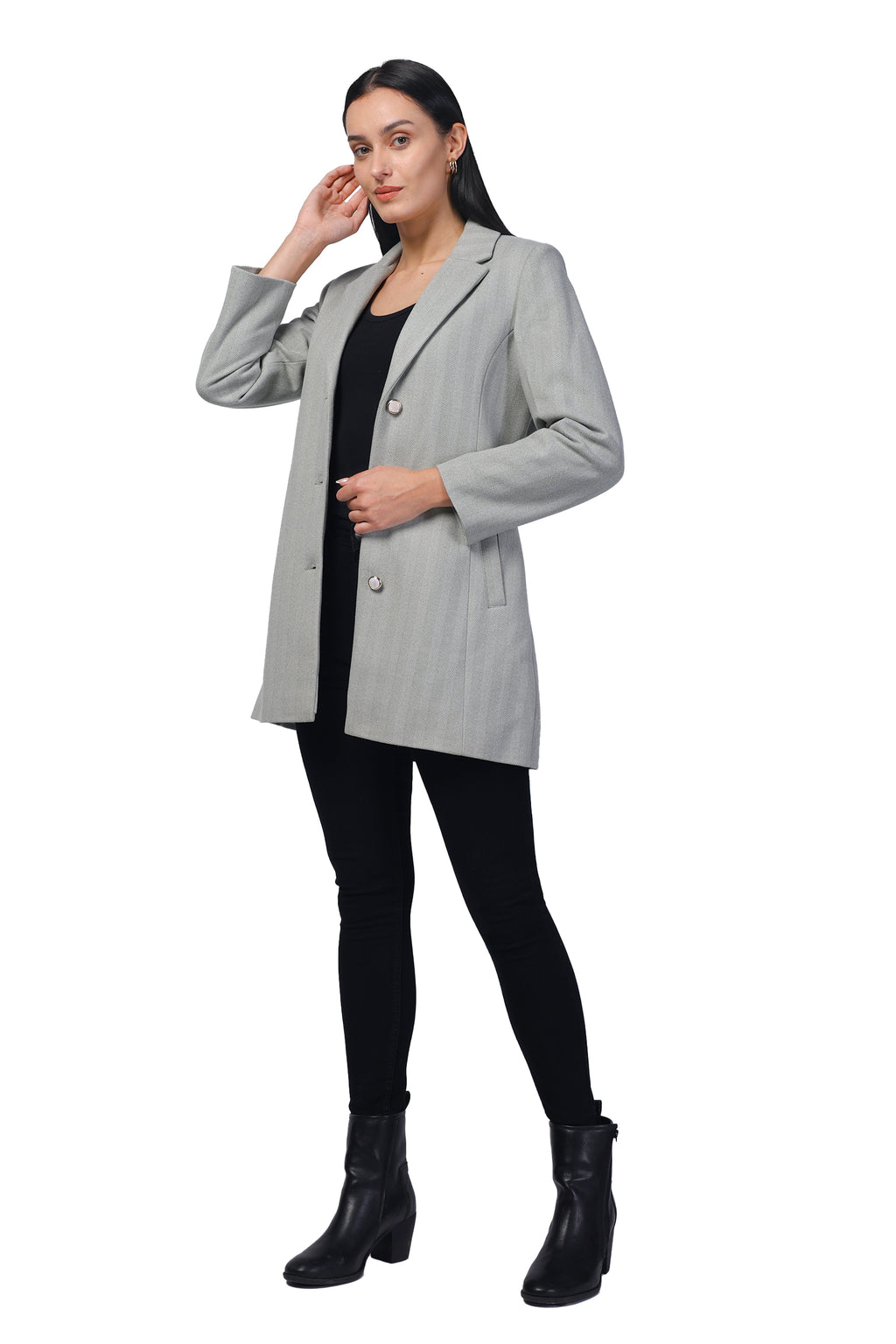Women's Semi Long Coat in Knitted Herringbone Tweed Fabric