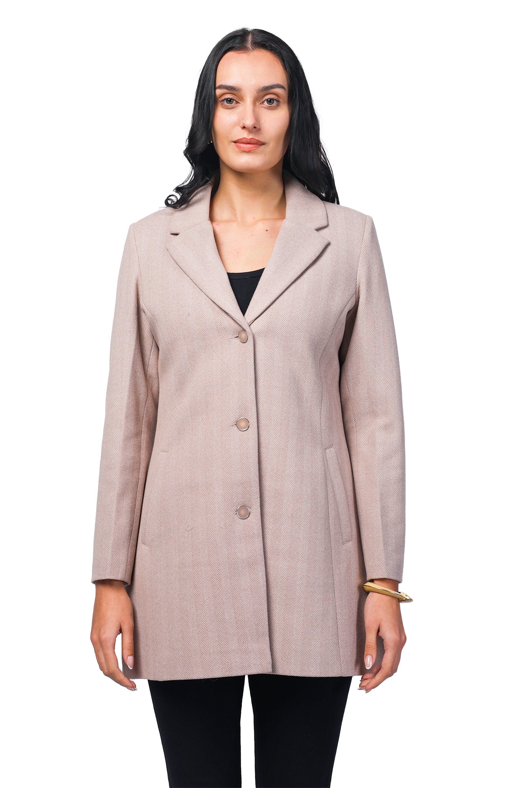 Women's Semi Long Coat in Knitted Herringbone Tweed Fabric