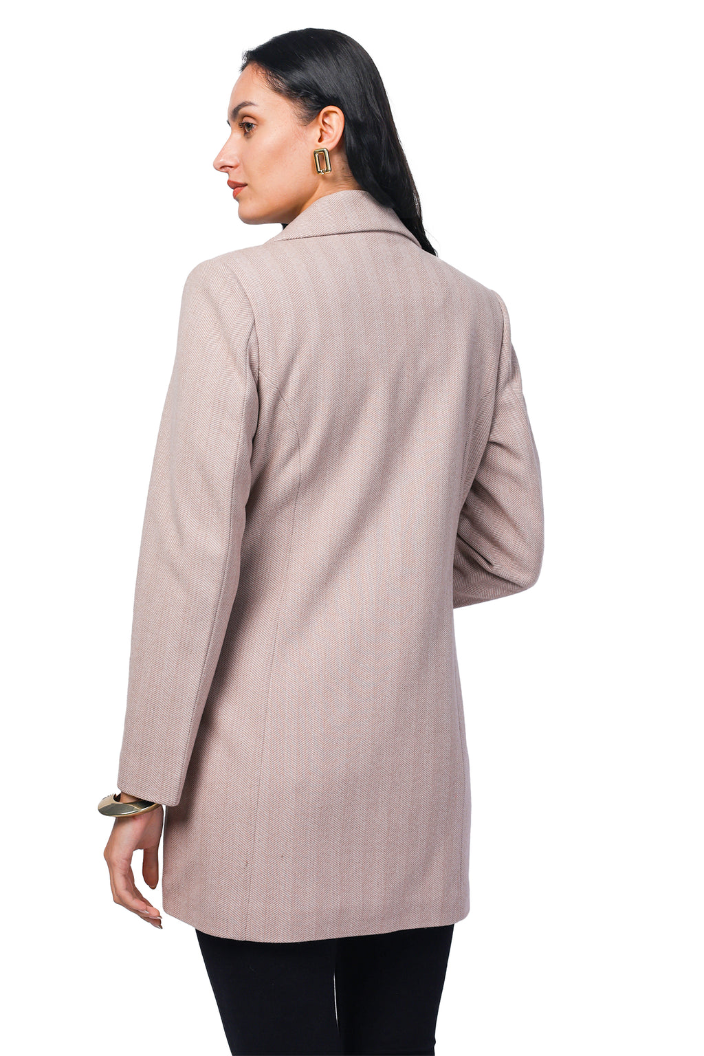 Women's Semi Long Coat in Knitted Herringbone Tweed Fabric