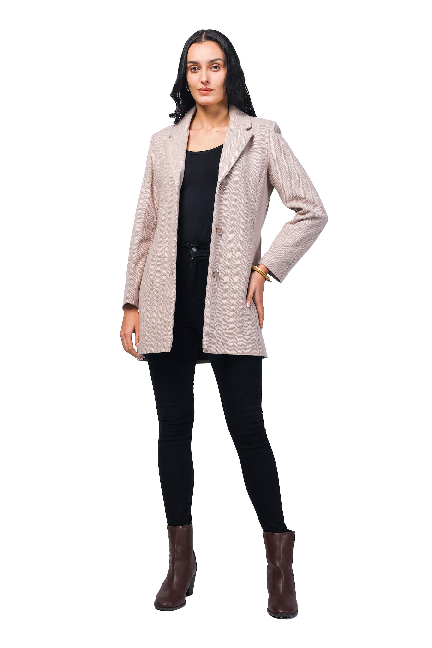 Women's Semi Long Coat in Knitted Herringbone Tweed Fabric