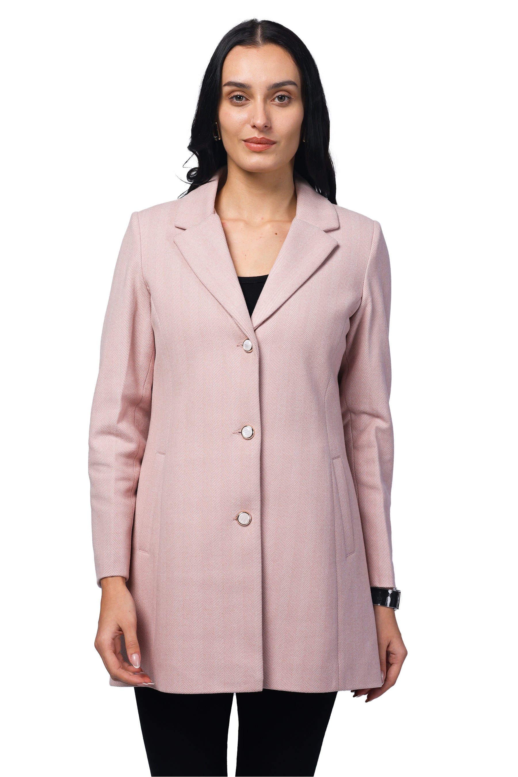 Women's Semi Long Coat in Knitted Herringbone Tweed Fabric