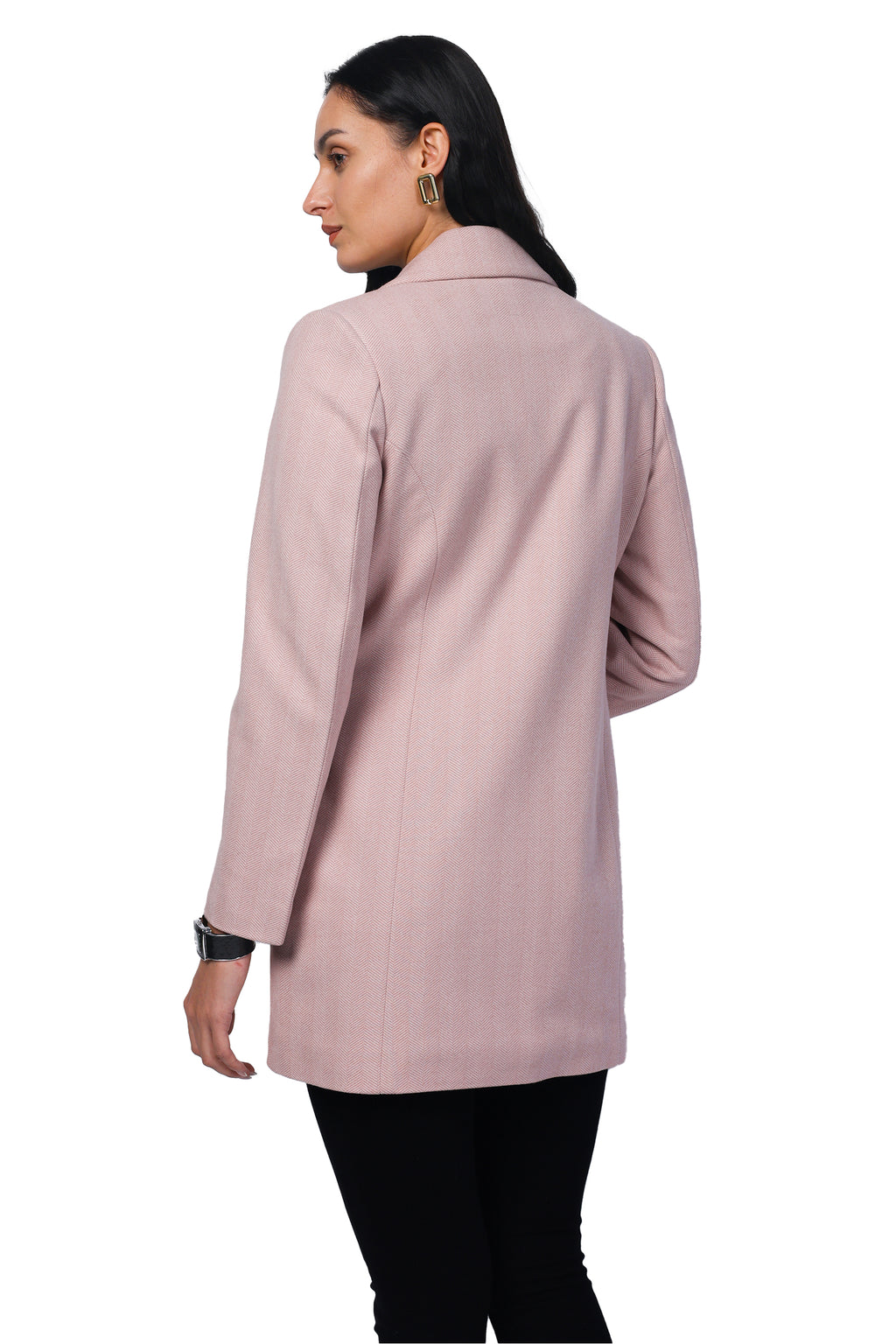 Women's Semi Long Coat in Knitted Herringbone Tweed Fabric
