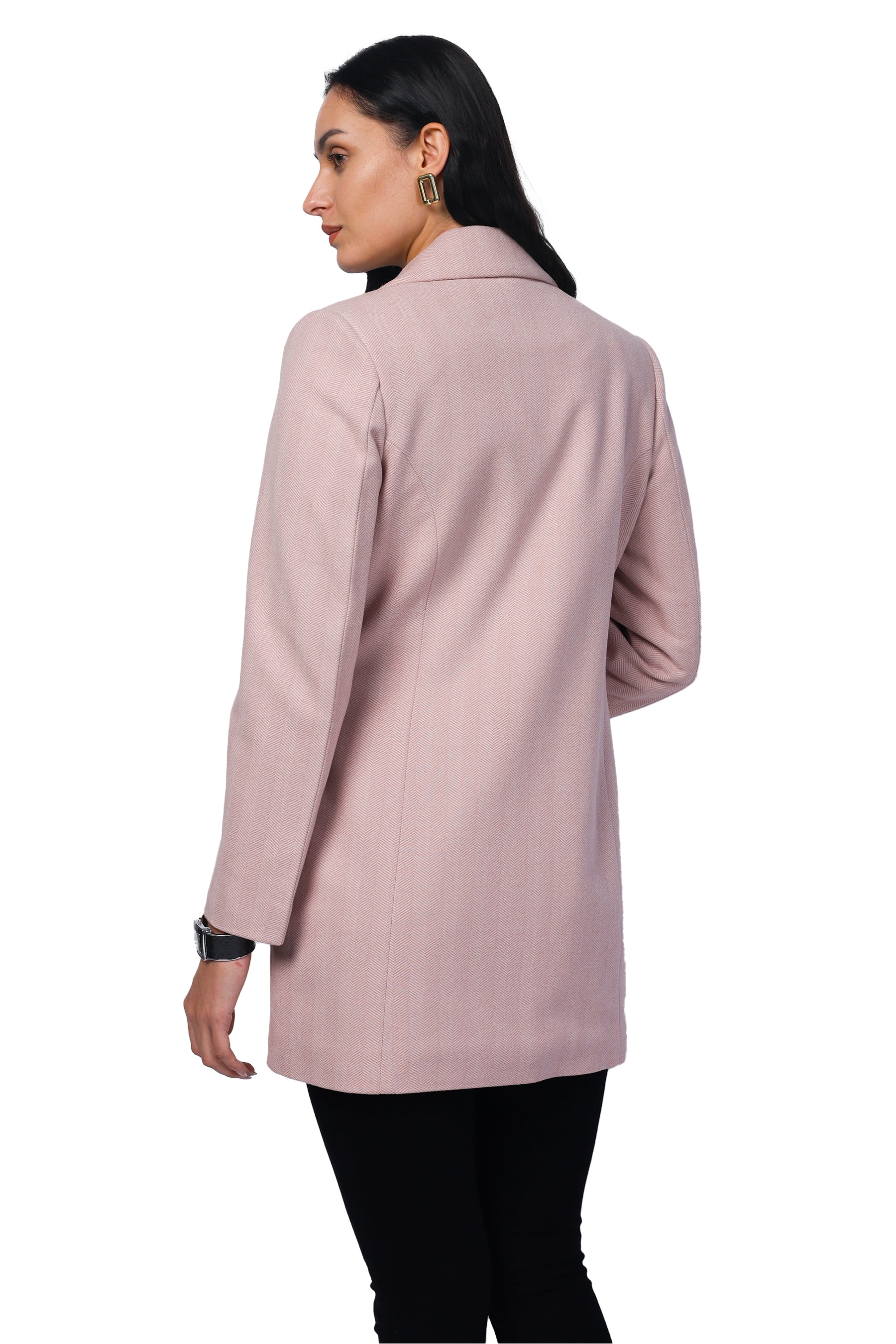 Women's Semi Long Coat in Knitted Herringbone Tweed Fabric