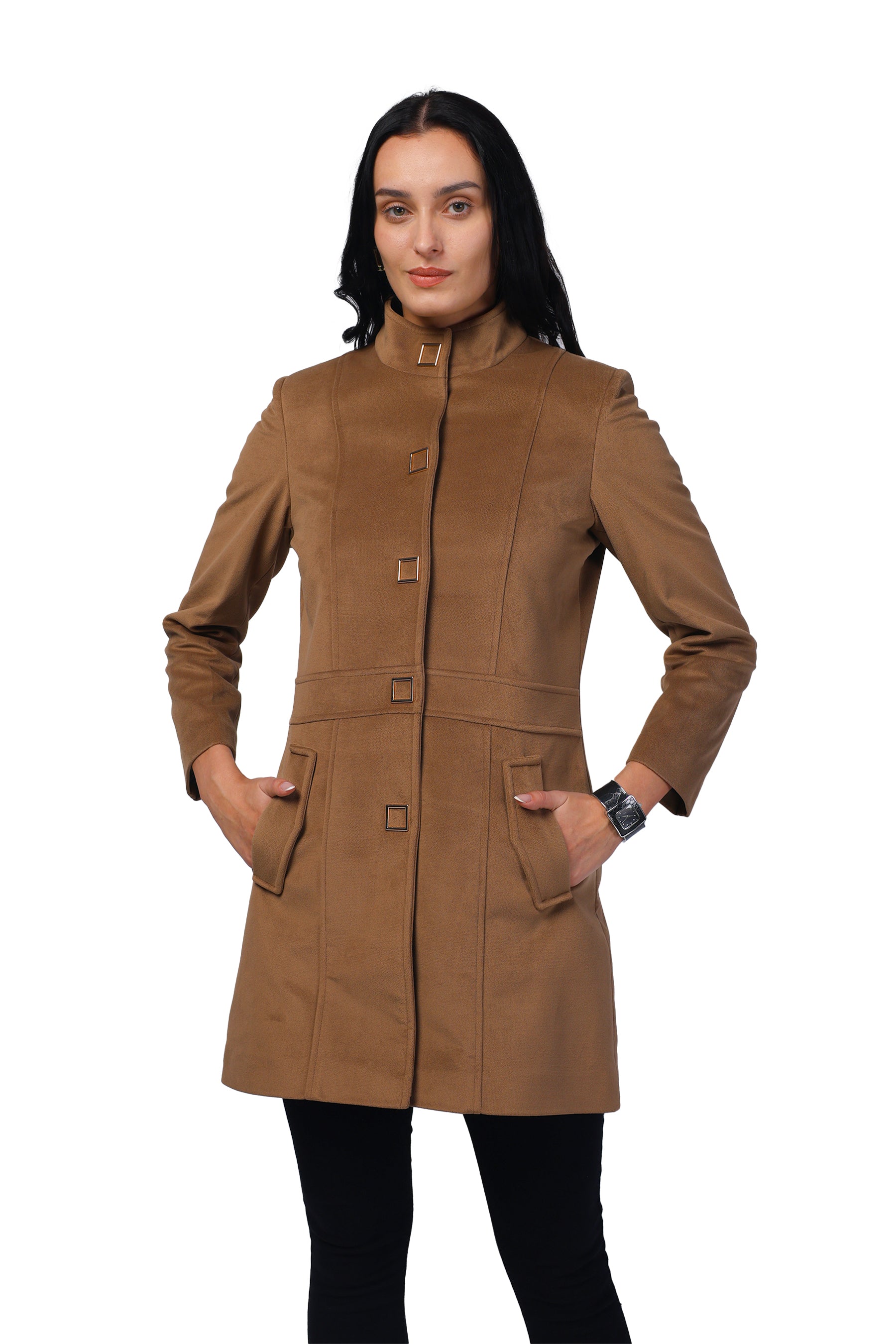 Women's Long Coat in Textured Velvet Fabric