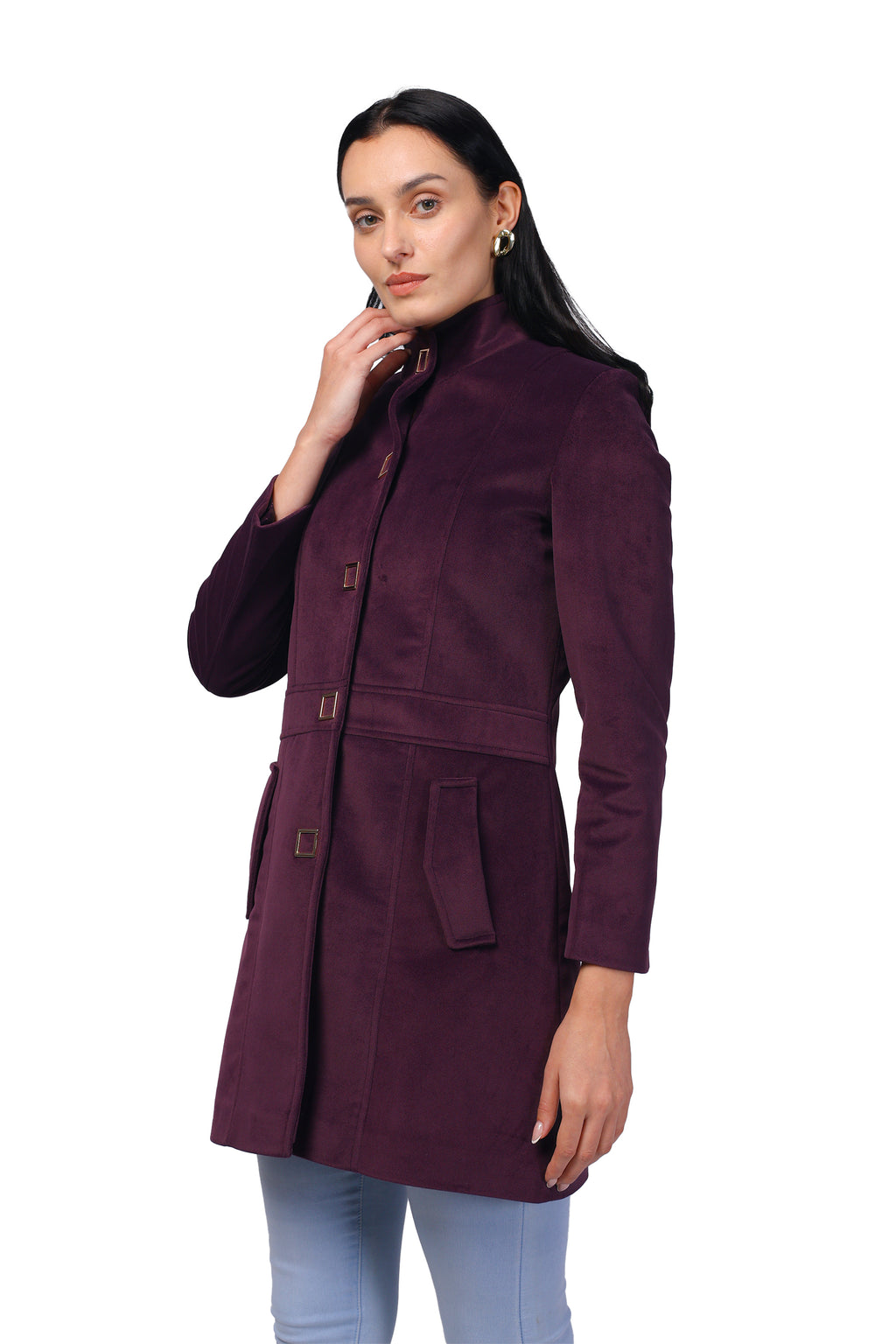 Women's Long Coat in Textured Velvet Fabric