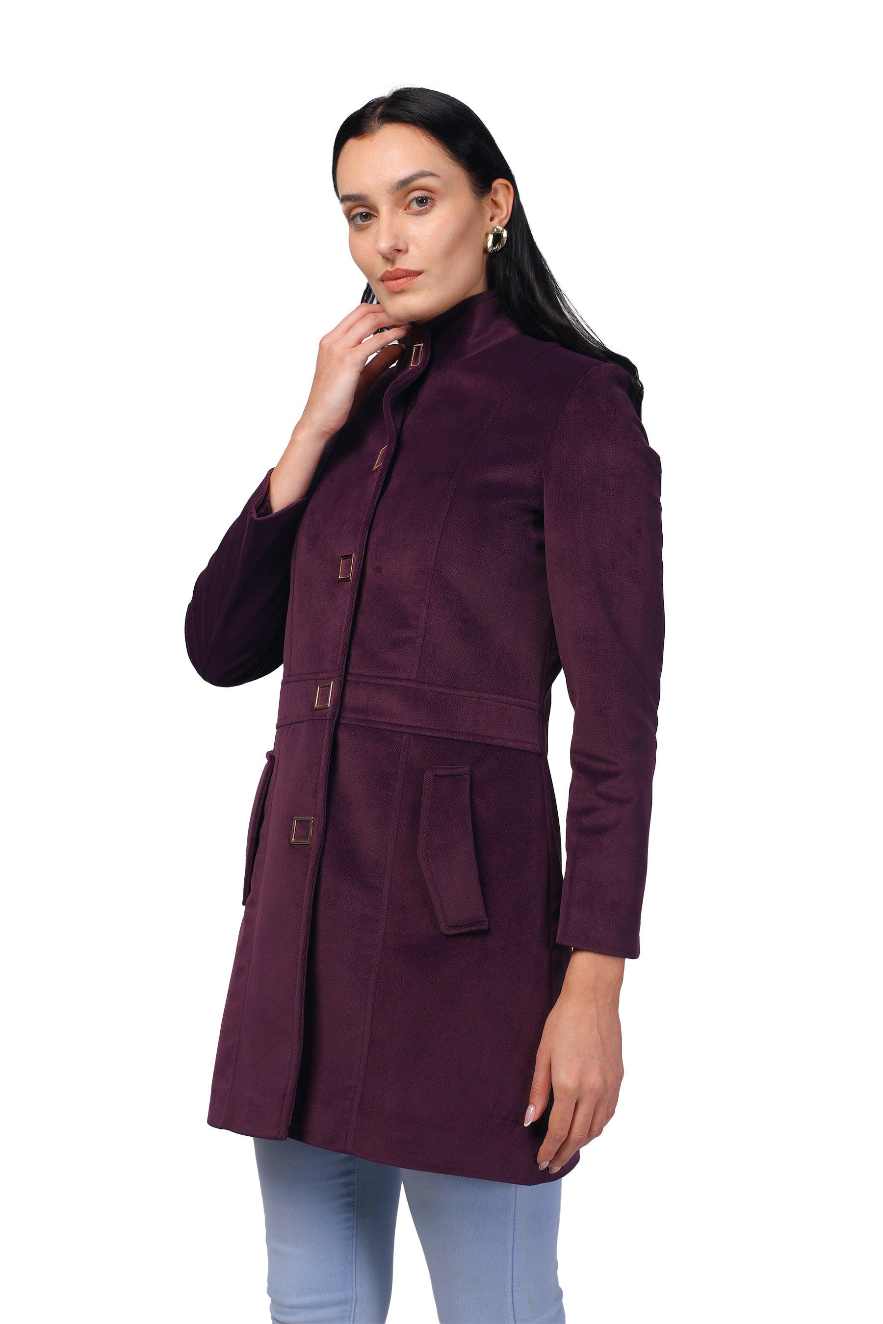 Women's Long Coat in Textured Velvet Fabric