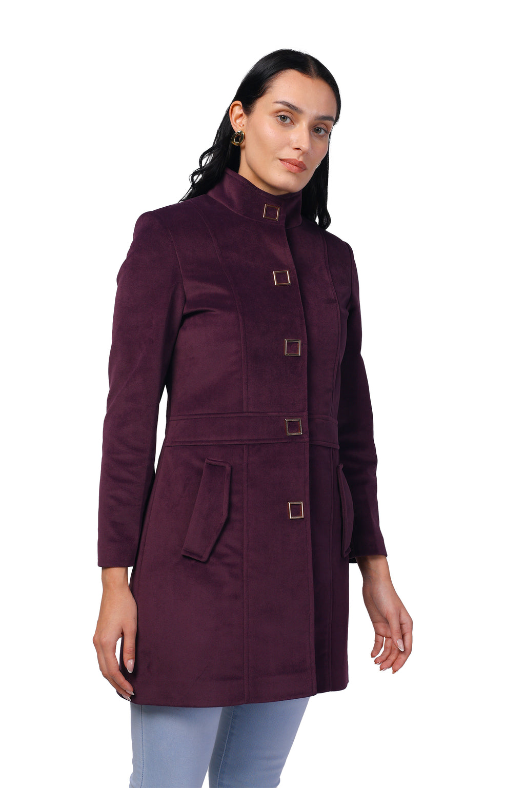 Women's Long Coat in Textured Velvet Fabric