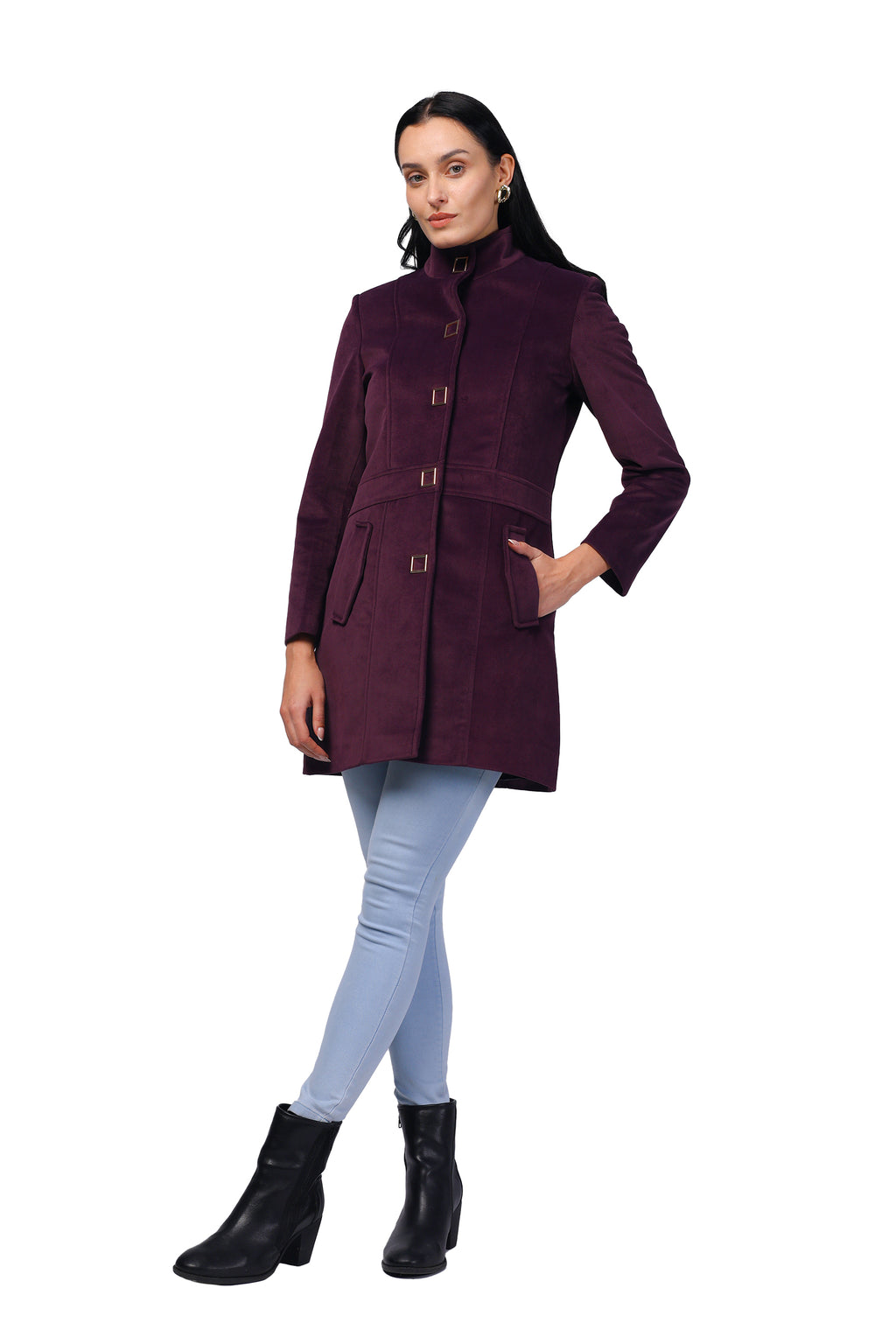 Women's Long Coat in Textured Velvet Fabric