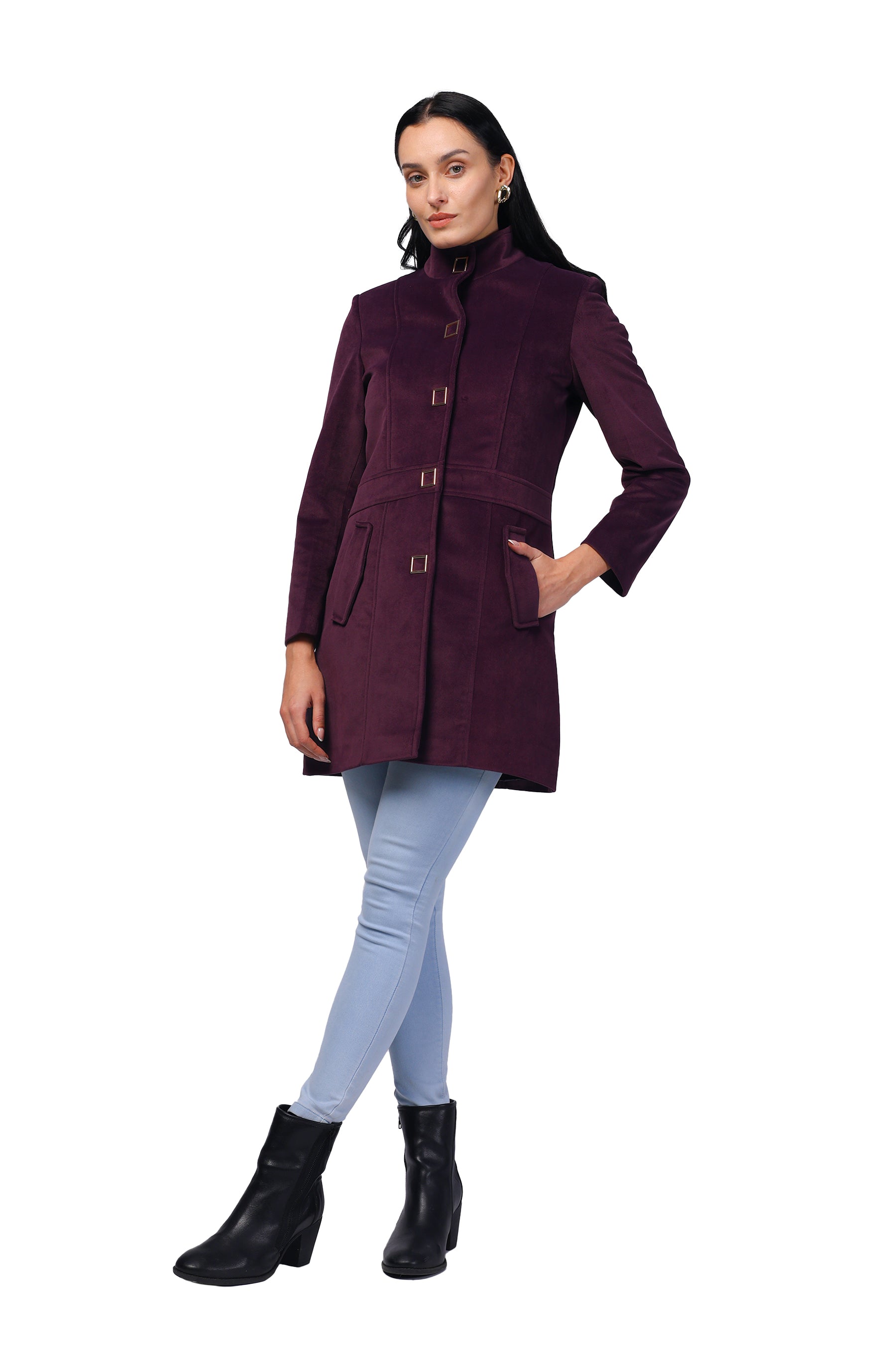 Women's Long Coat in Textured Velvet Fabric