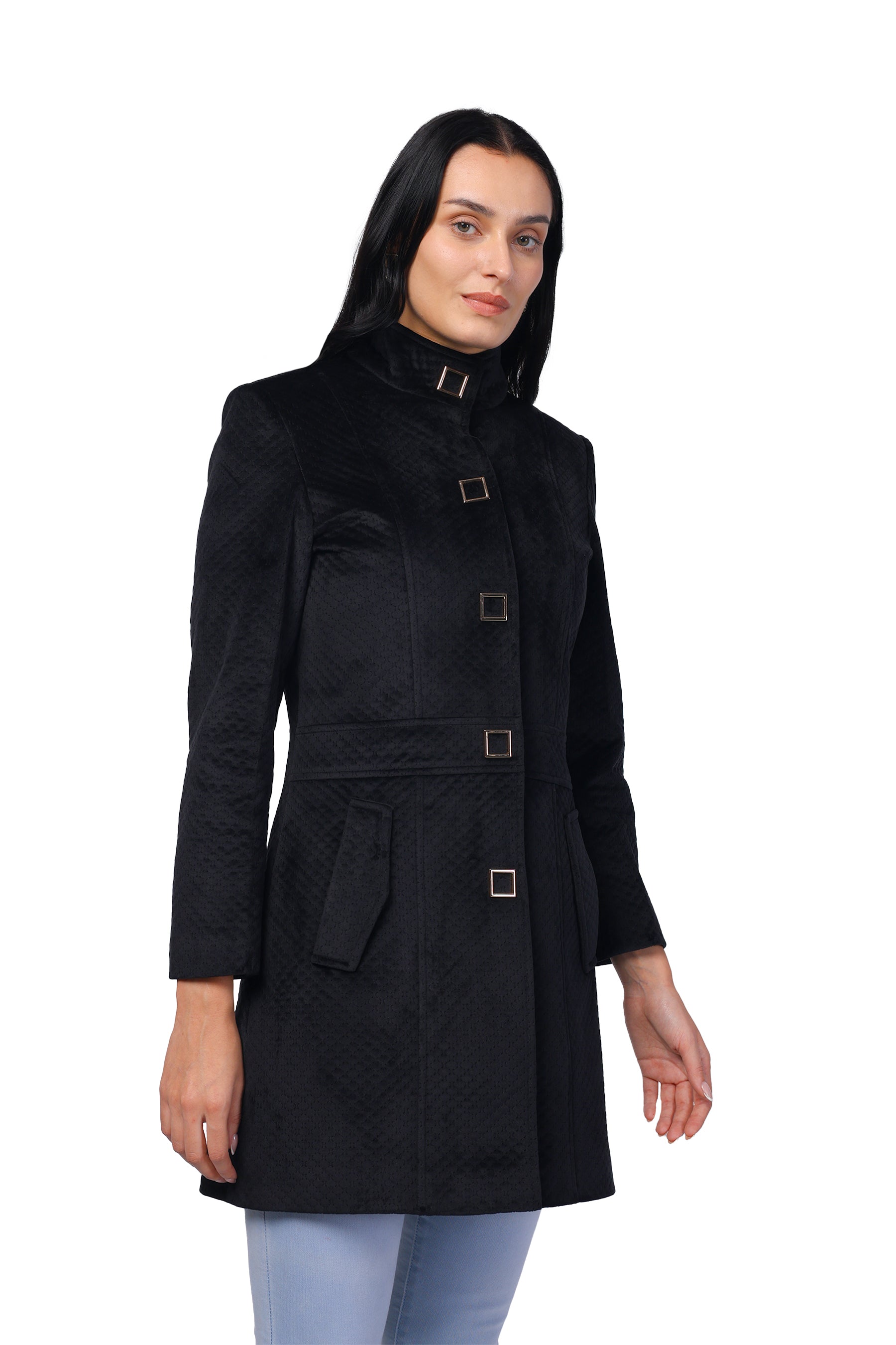 Women's Long Coat in Textured Velvet Fabric