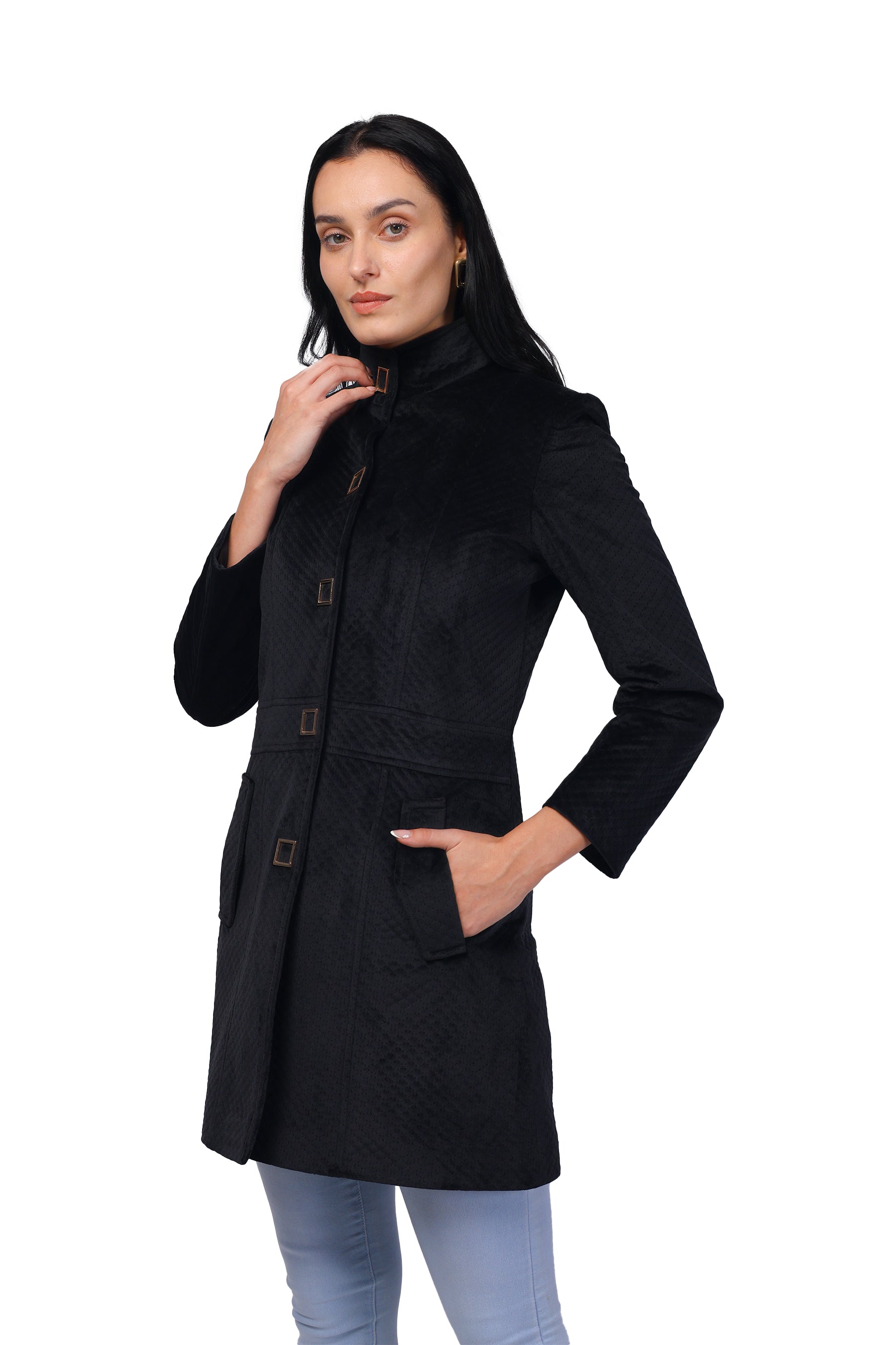 Women's Long Coat in Textured Velvet Fabric