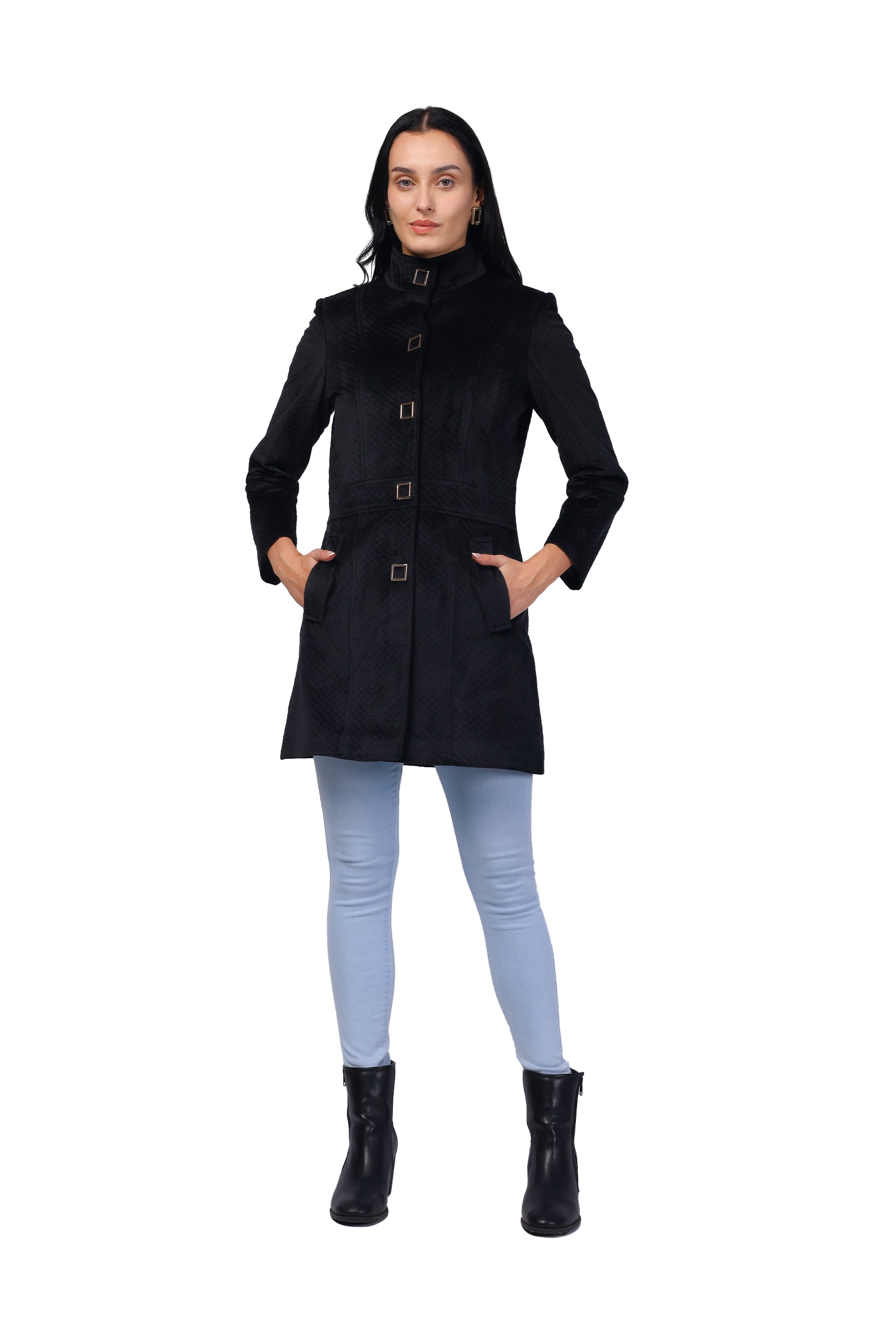 Women's Long Coat in Textured Velvet Fabric