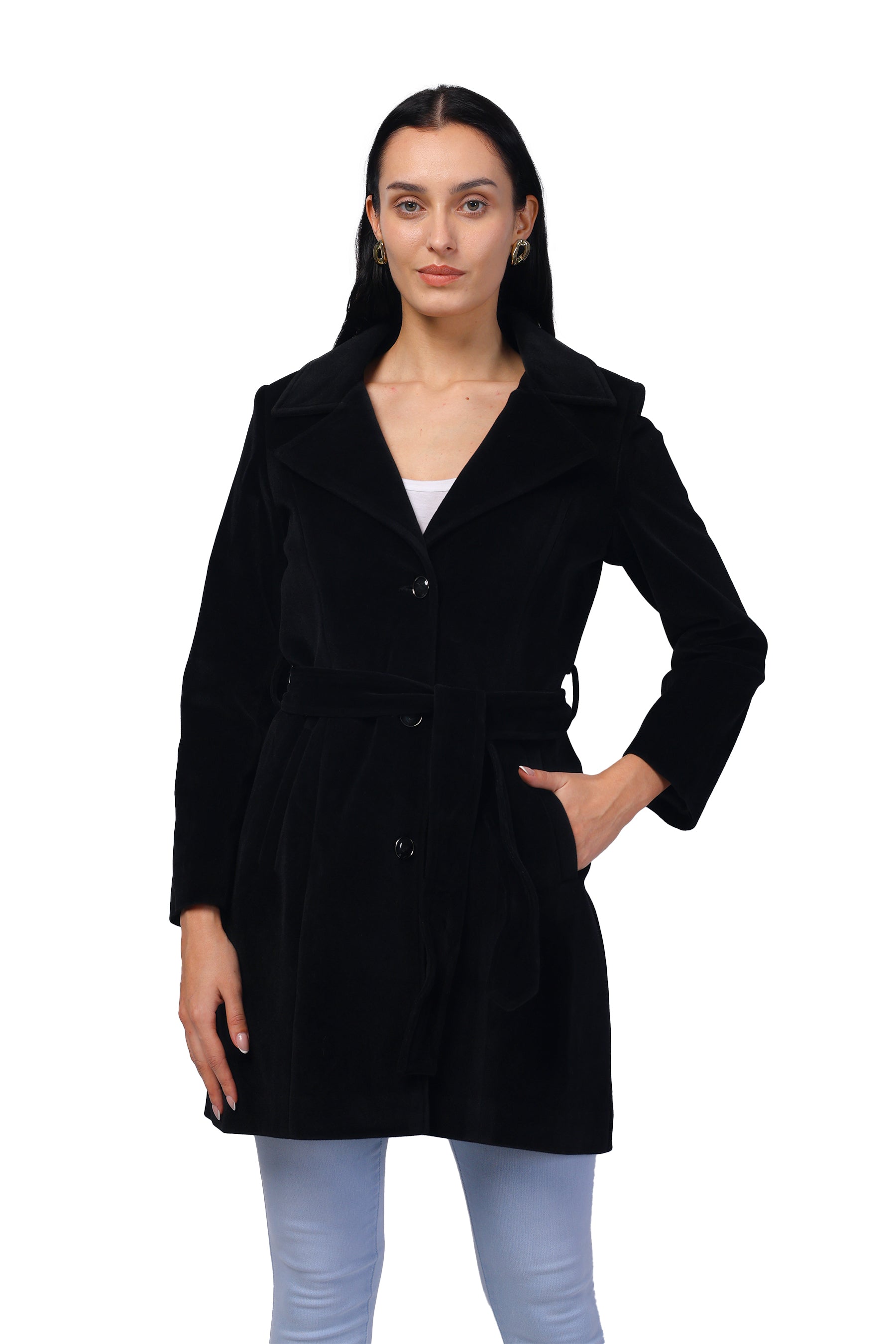 Women's Long Coat in Bonded Velvet Fabric