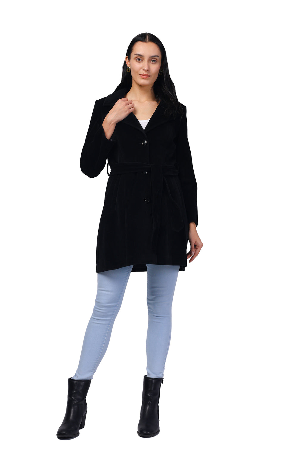 Women's Long Coat in Bonded Velvet Fabric