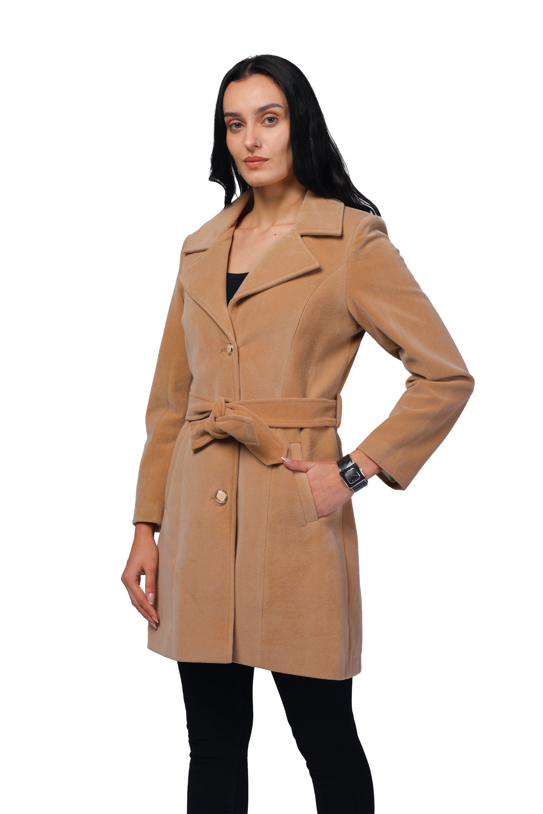 Women's Long Coat in Bonded Velvet Fabric