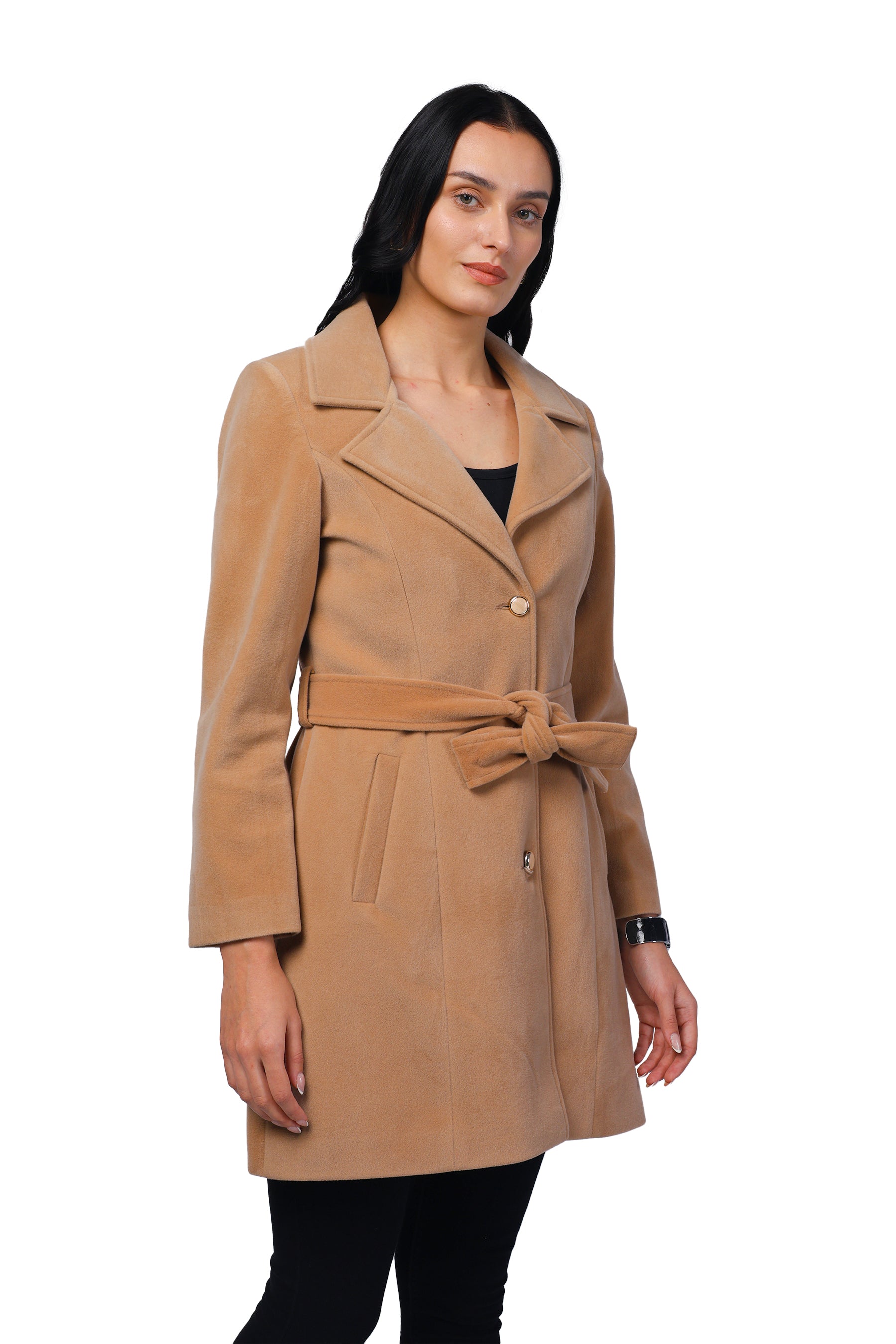 Women's Long Coat in Bonded Velvet Fabric