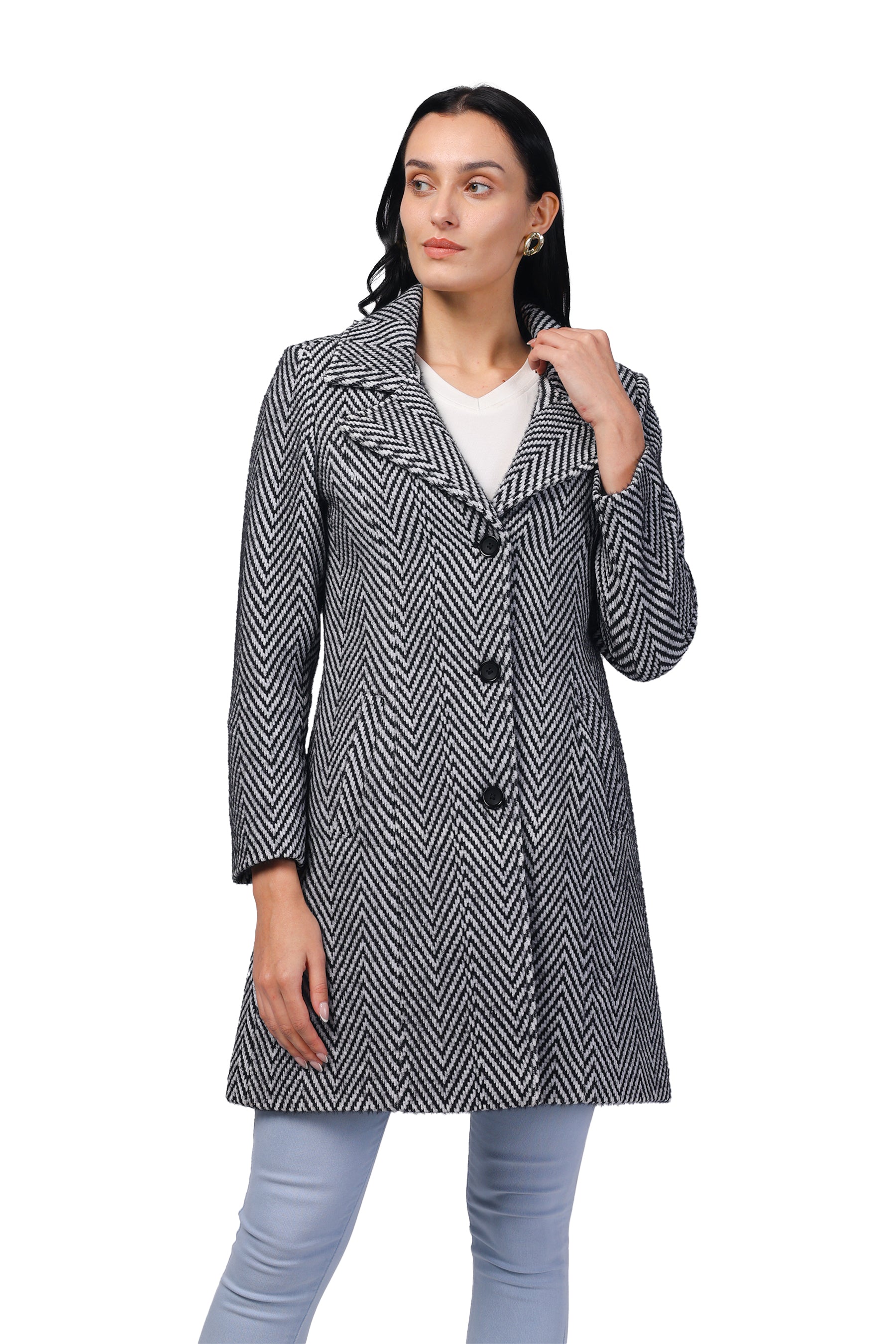 Women's Long Coat in Hairy Herringbone Fabric