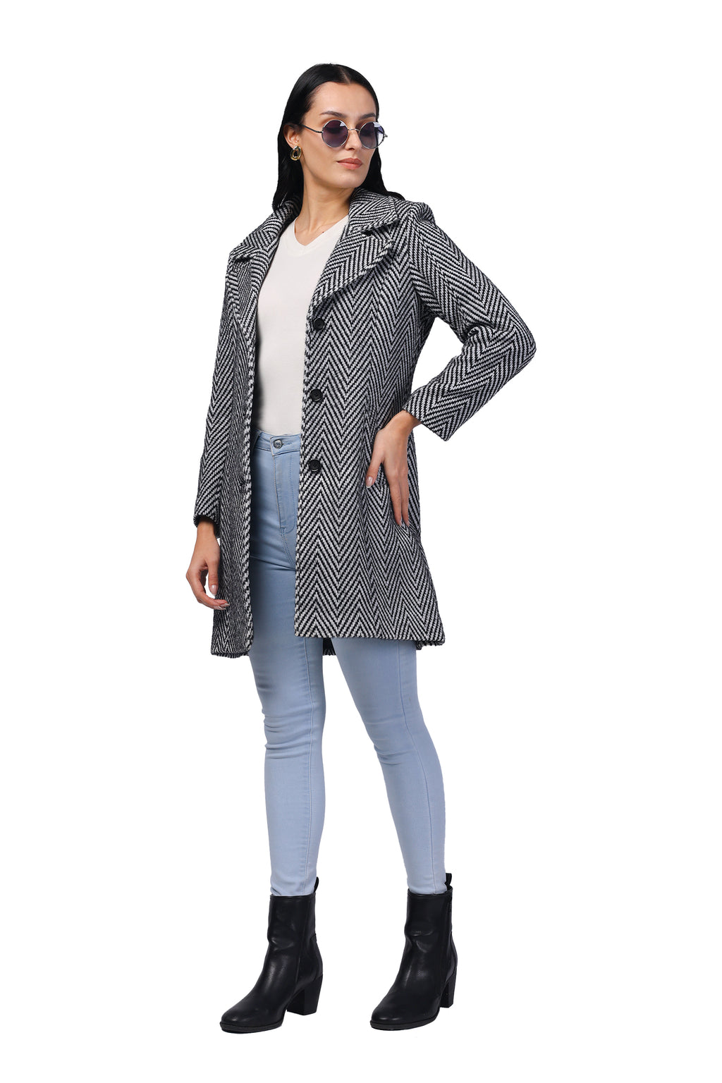Women's Long Coat in Hairy Herringbone Fabric