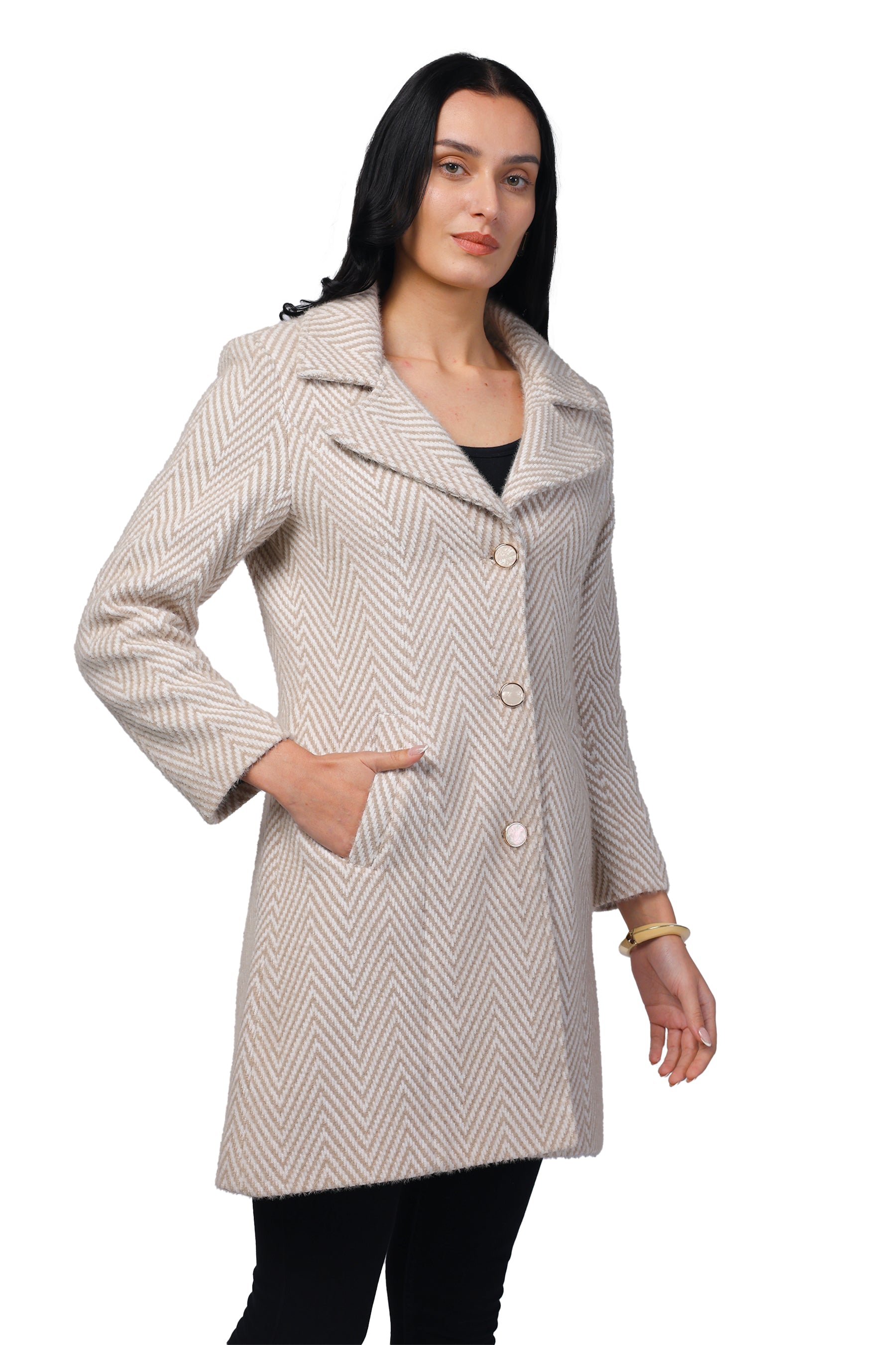 Women's Long Coat in Hairy Herringbone Fabric
