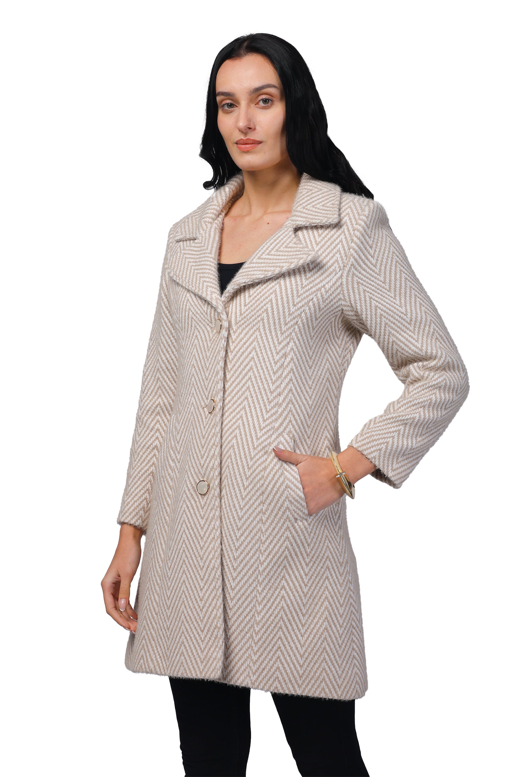 Women's Long Coat in Hairy Herringbone Fabric