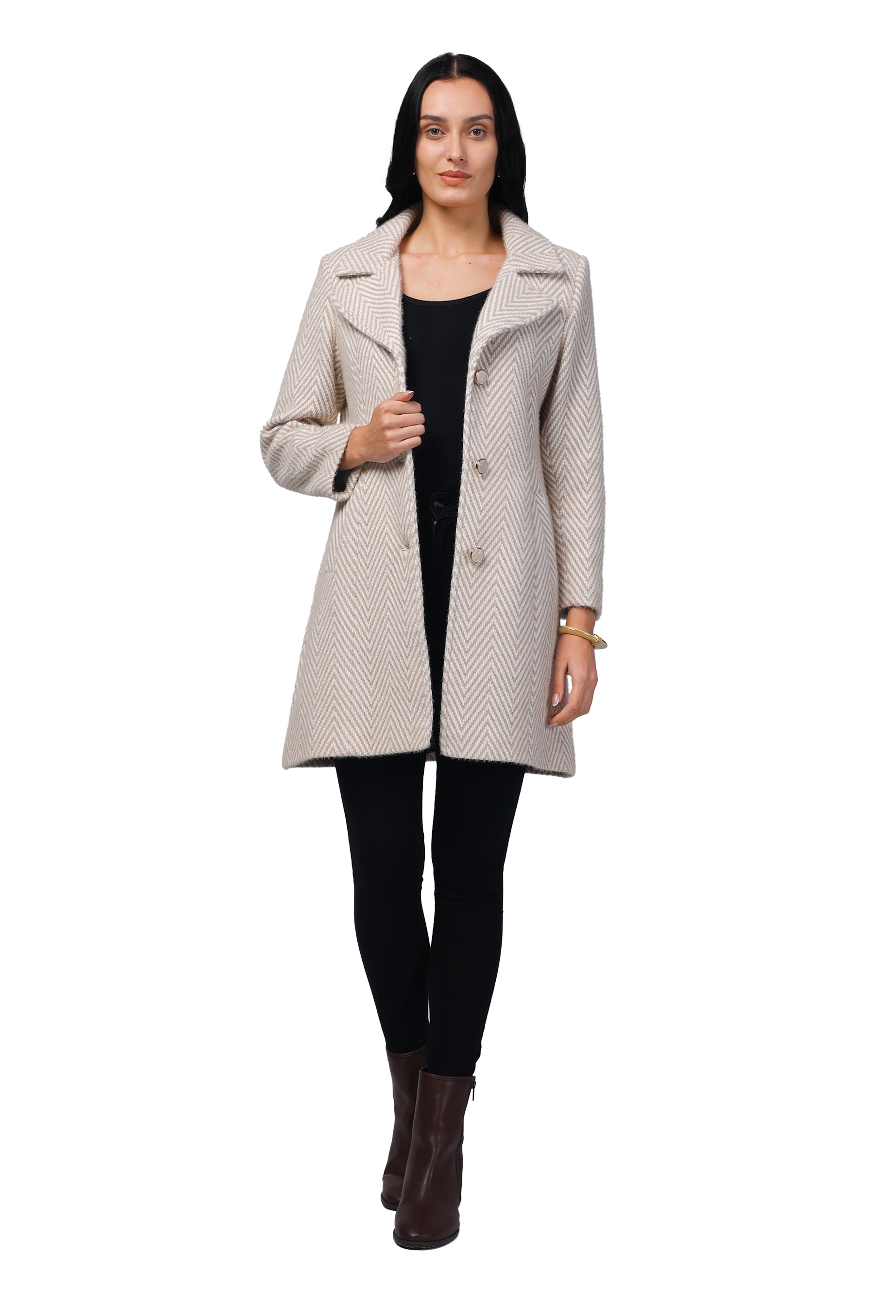 Women's Long Coat in Hairy Herringbone Fabric