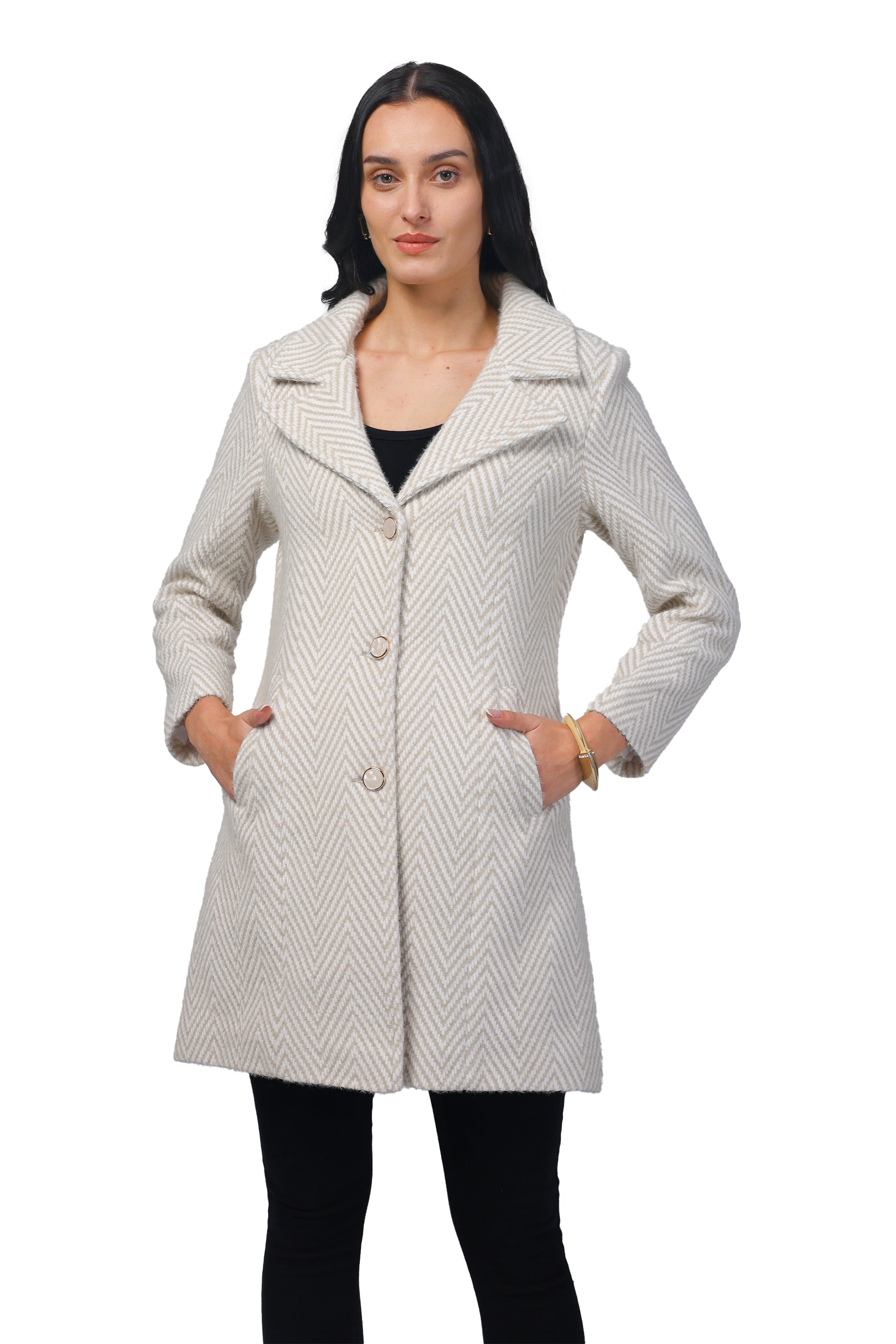 Women's Long Coat in Hairy Herringbone Fabric