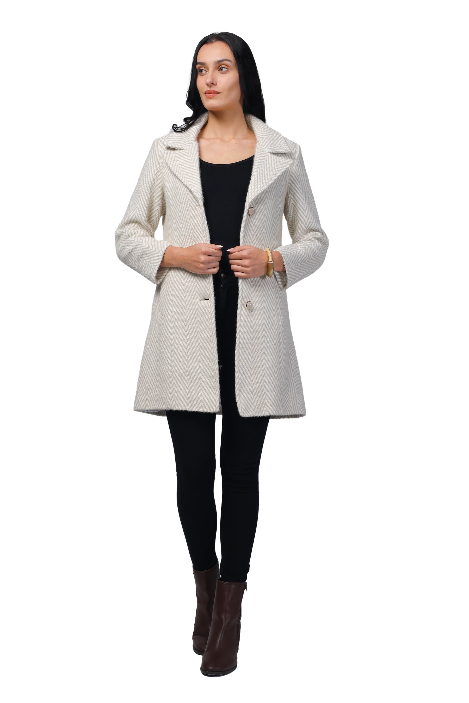 Women's Long Coat in Hairy Herringbone Fabric