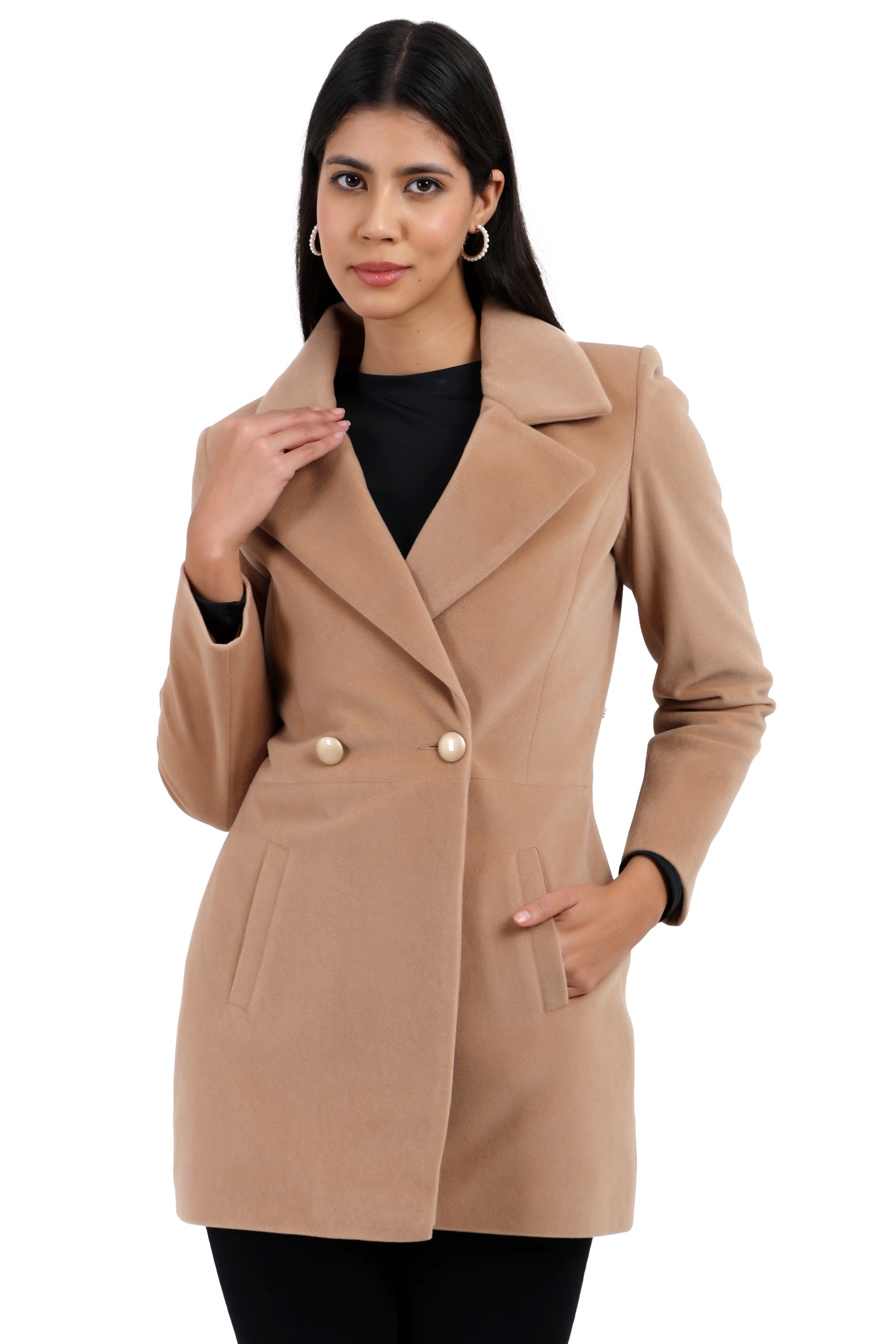 Women's Double Breasted Semi Long Coat in Bonded Velvet Fabric