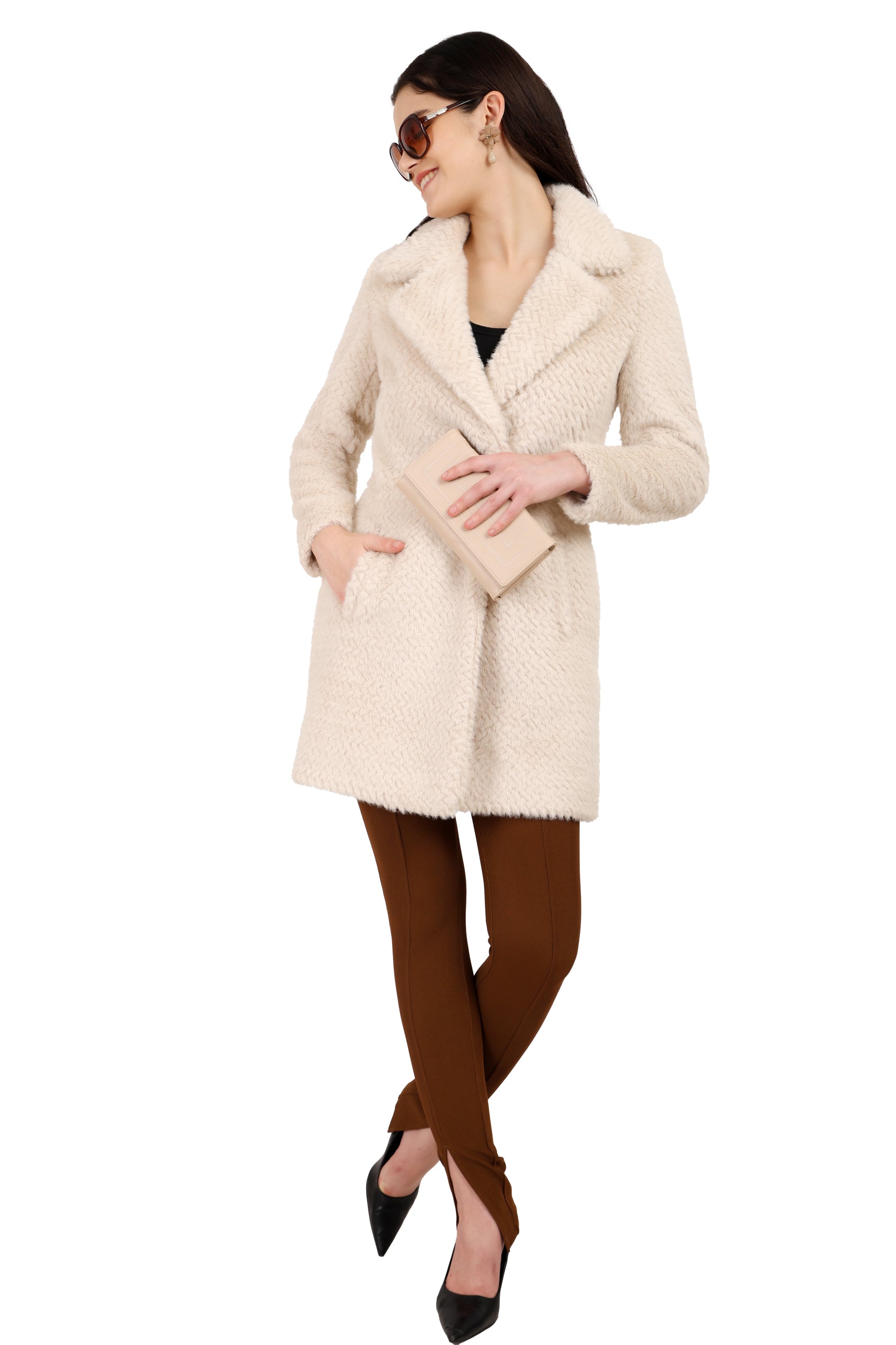 Women's Semi Long Coat in Zig Zag Fur Fabric